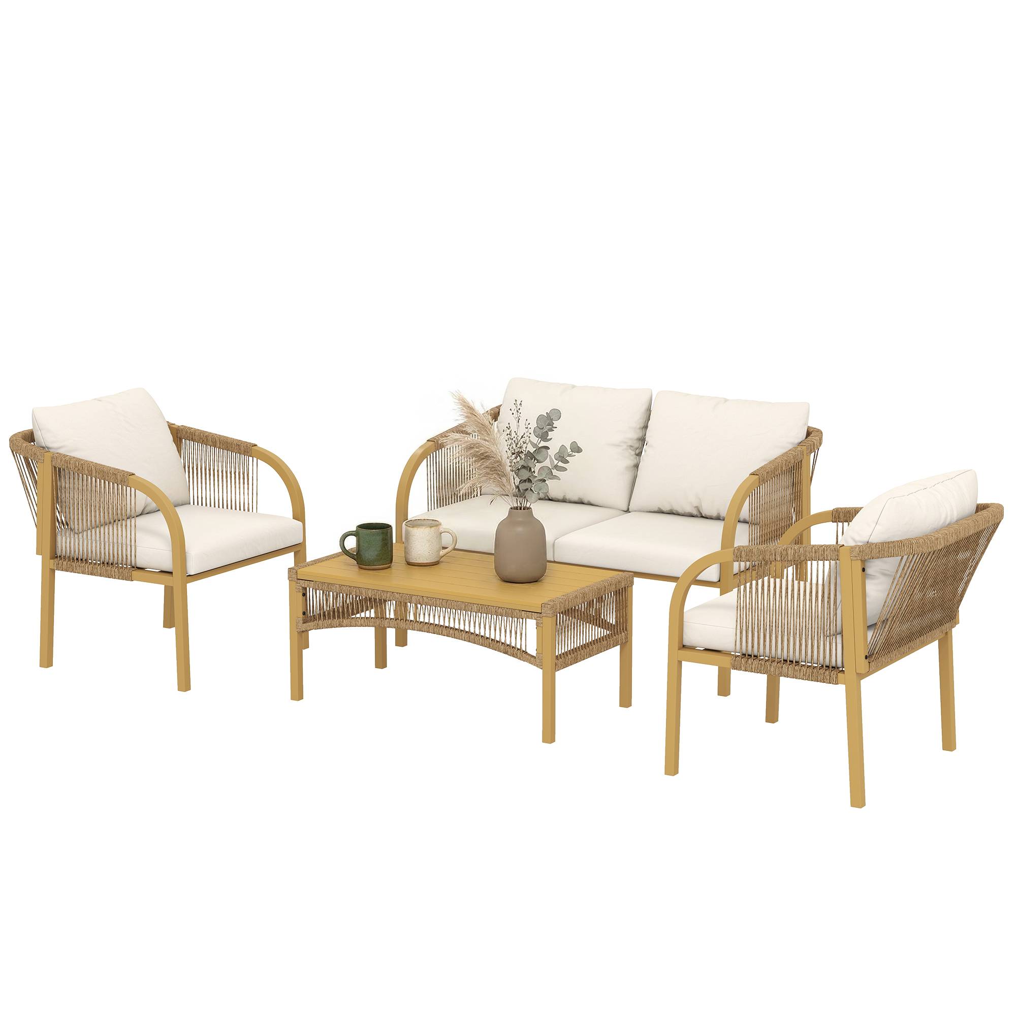 Salon de jardin extérieur 4 personnes en résine tressée avec canapés et table basse en verre trempé coussins inclus gris - Image 2