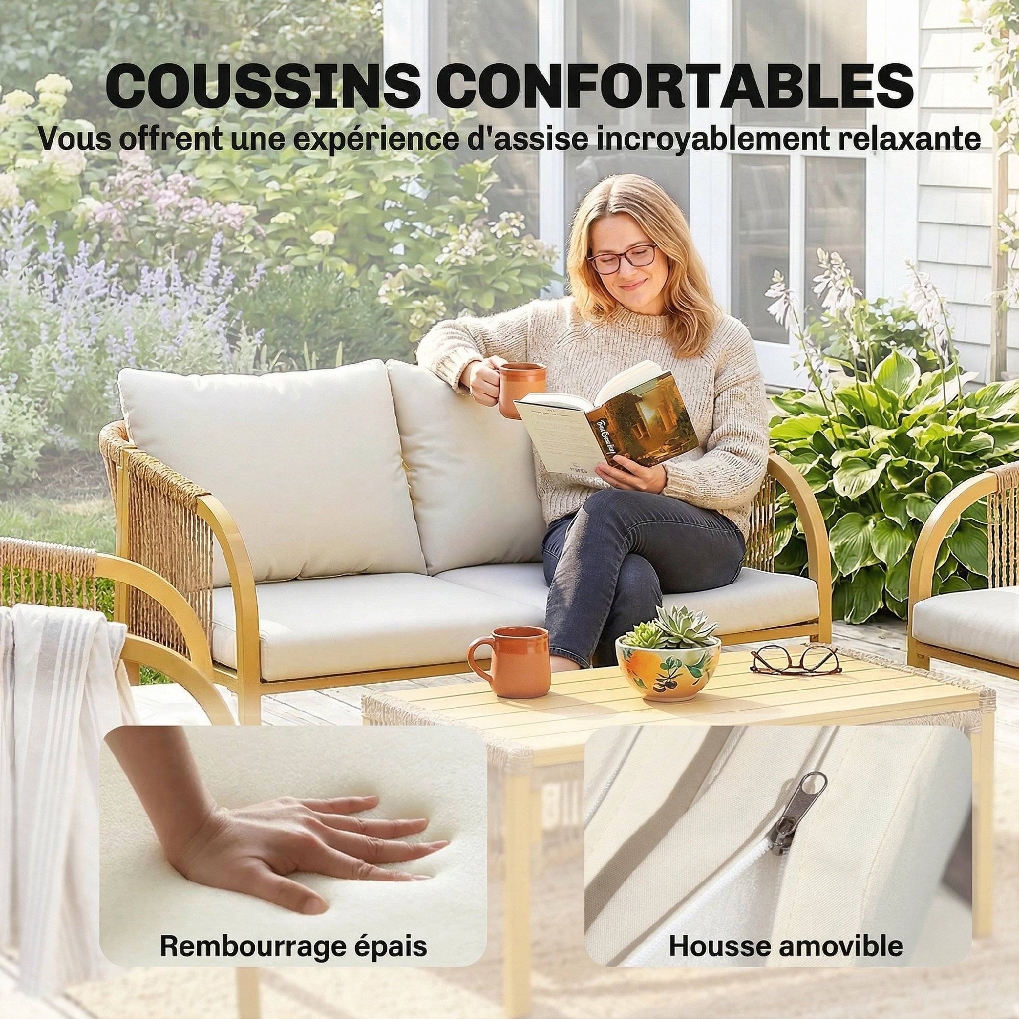 Salon de jardin extérieur 4 personnes en résine tressée avec canapés et table basse en verre trempé coussins inclus gris - Image 8