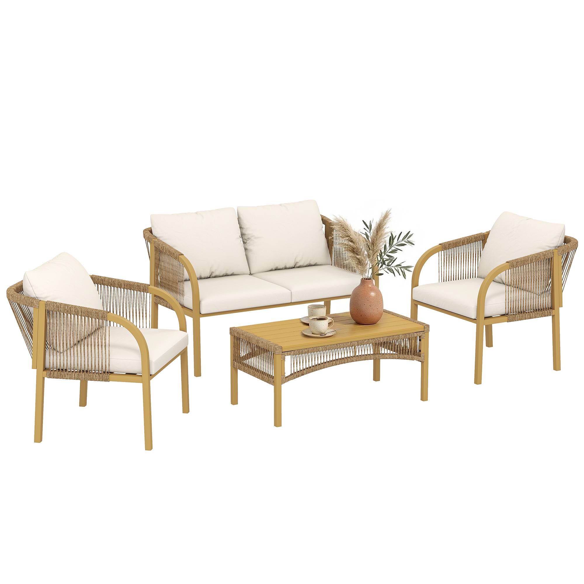 Salon de jardin extérieur 4 personnes en résine tressée avec canapés et table basse en verre trempé coussins inclus gris - Image 1