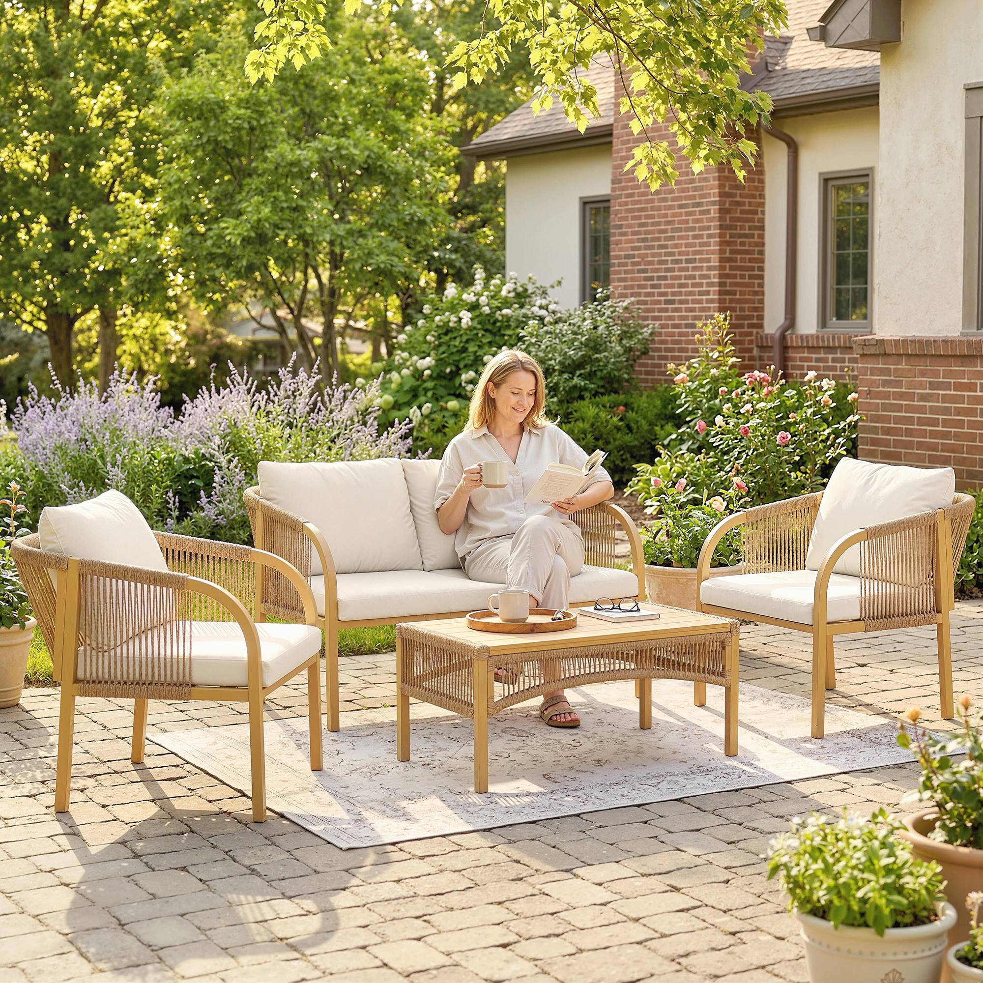 Salon de jardin extérieur 4 personnes en résine tressée avec canapés et table basse en verre trempé coussins inclus gris - Image 3