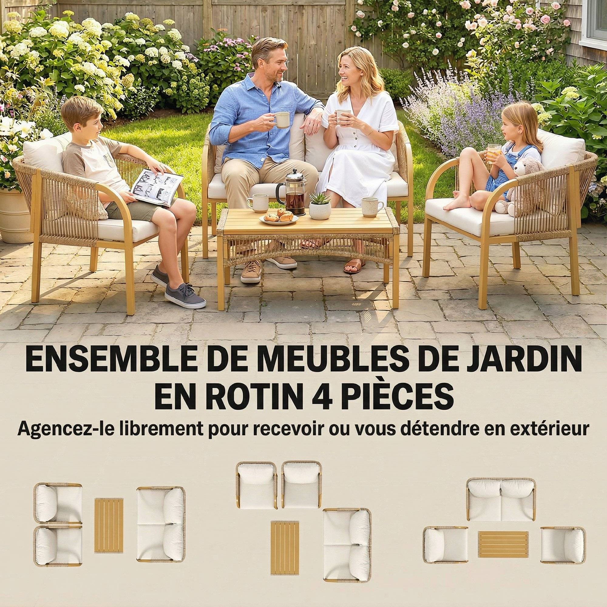 Salon de jardin extérieur 4 personnes en résine tressée avec canapés et table basse en verre trempé coussins inclus gris - Image 6