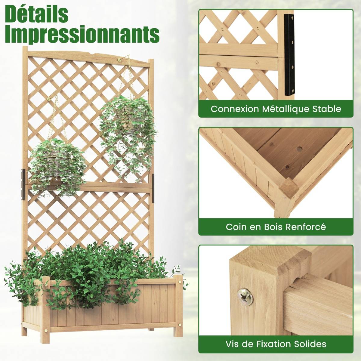 COSTWAY Jardinière 2 Niveaux Avec Treillis En Bois De Sapin Avec Trou De Drainage Bac Fleurs Pour Plante Grimpante Lit De Jardin Rsistance Aux Intempries 109 X 62 X 135 Cm 69473386