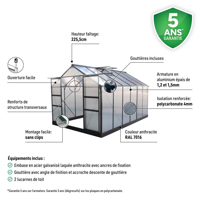 Serre de jardin 9,13 m² polycarbonate 4mm anthracite avec embase Green Protect - Image 5