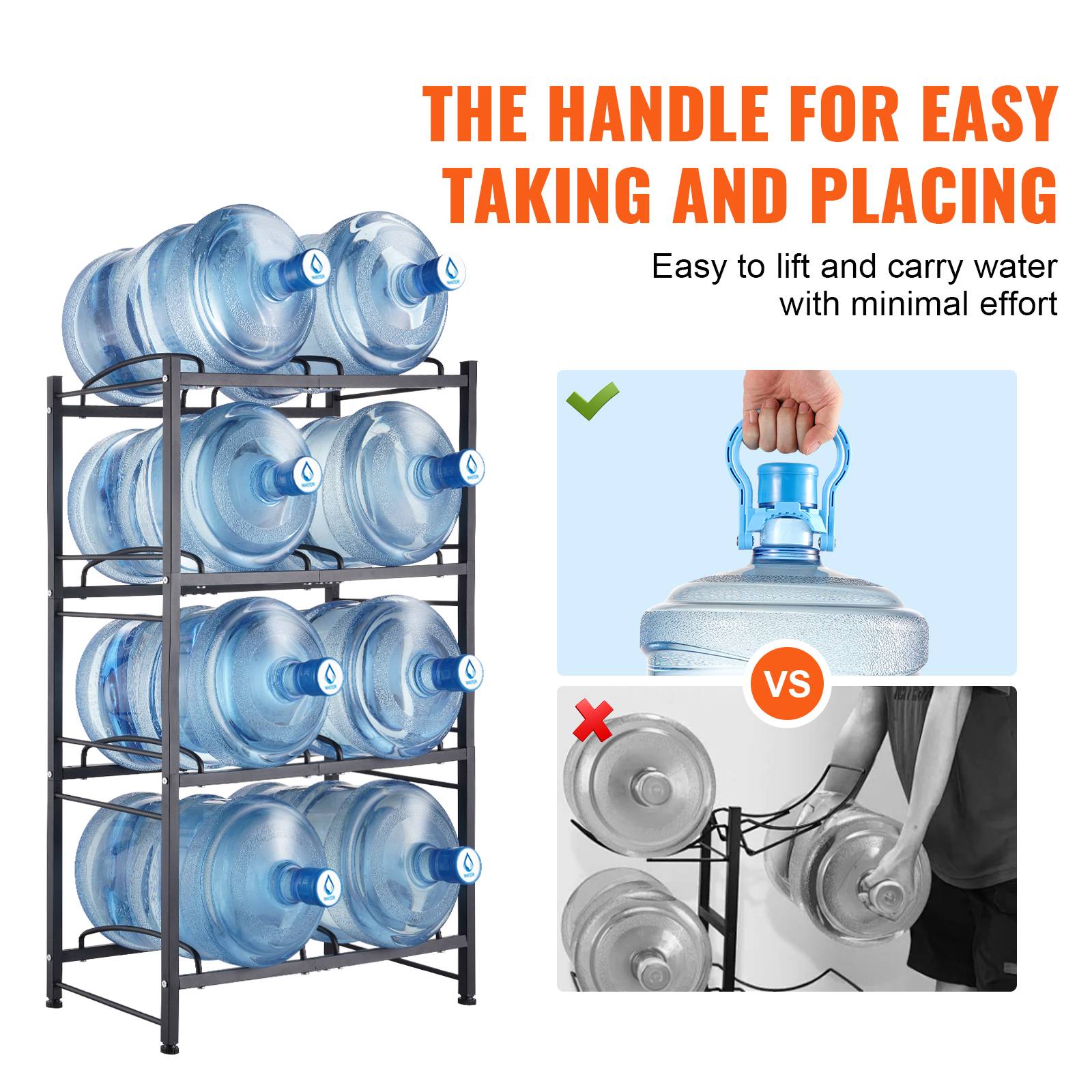 Vevor - VEVOR Porte-bouteilles 4 niveaux, double rangée 8 bouteilles, support 3–5 gallons, fer thermolaqué noir, pieds réglables, montage DIY. - Image 5