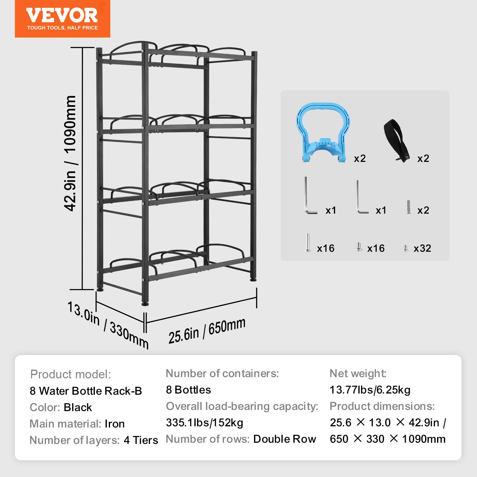 Vevor - VEVOR Porte-bouteilles 4 niveaux, double rangée 8 bouteilles, support 3–5 gallons, fer thermolaqué noir, pieds réglables, montage DIY. - Image 6