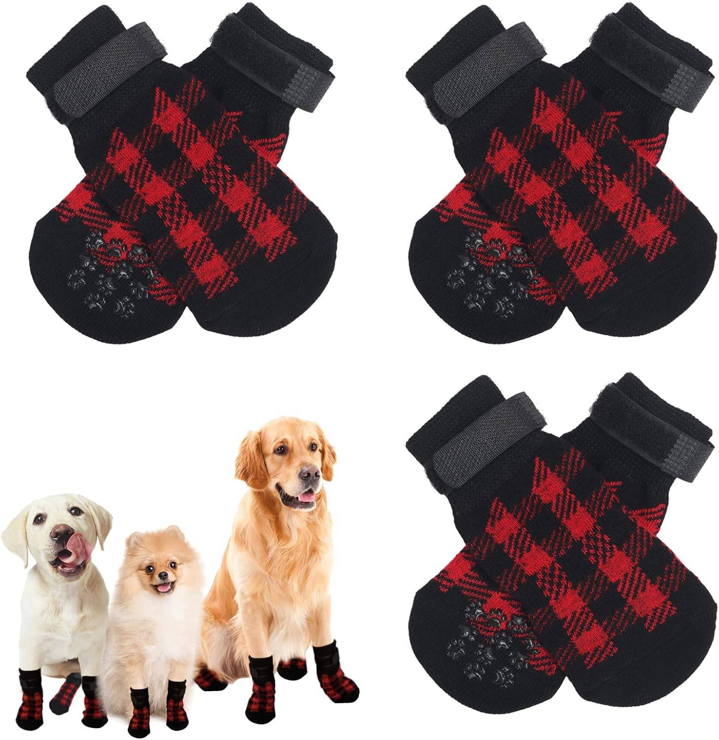 3 Paires Chaussettes Antidérapantes avec Sangle de Fixation Réglable Plaid Rouge S