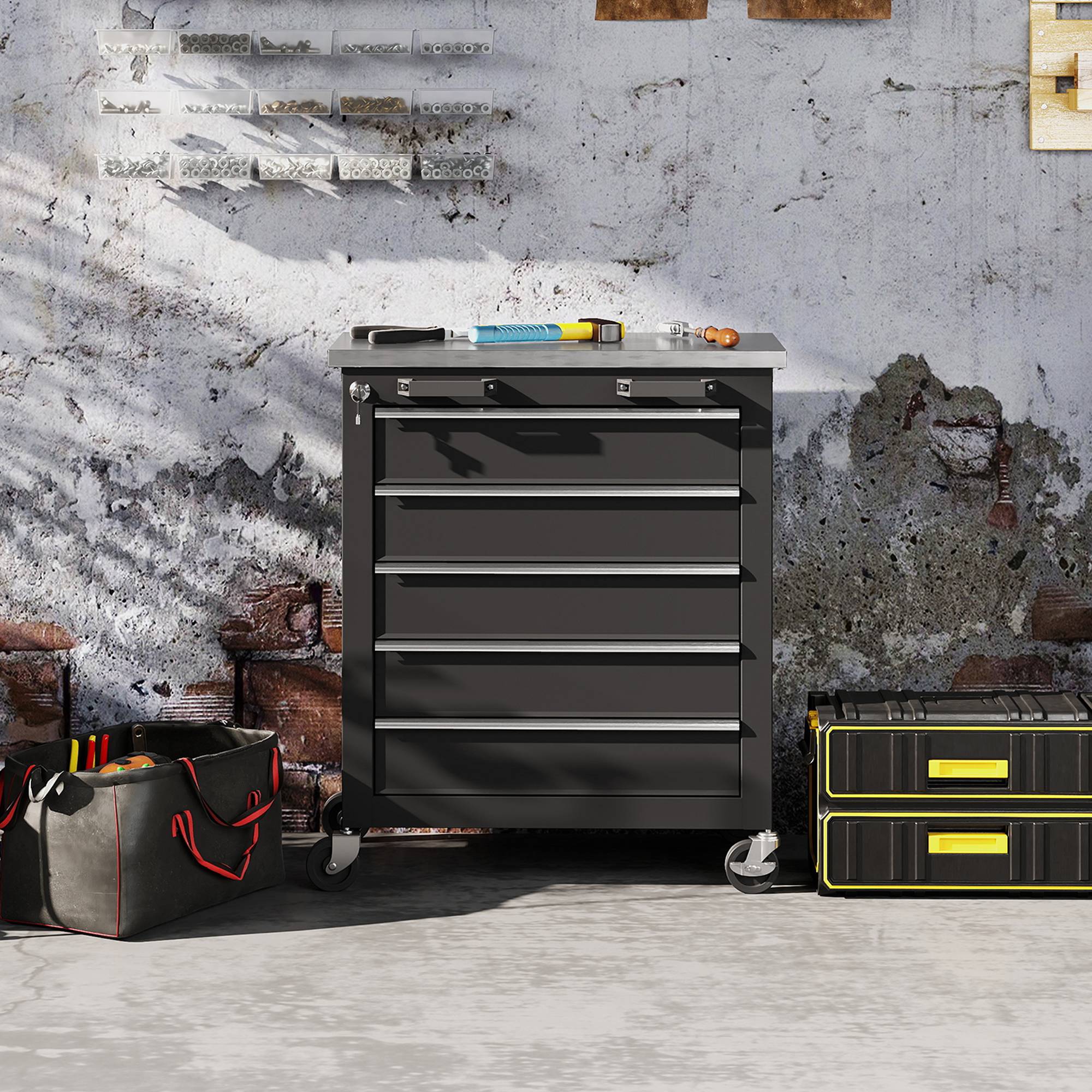 Sans Marque - Armoire à outils à 5 tiroirs, servante d'atelier à roulettes, chariot à outils en acier, coloris argenté et noir - Image 3