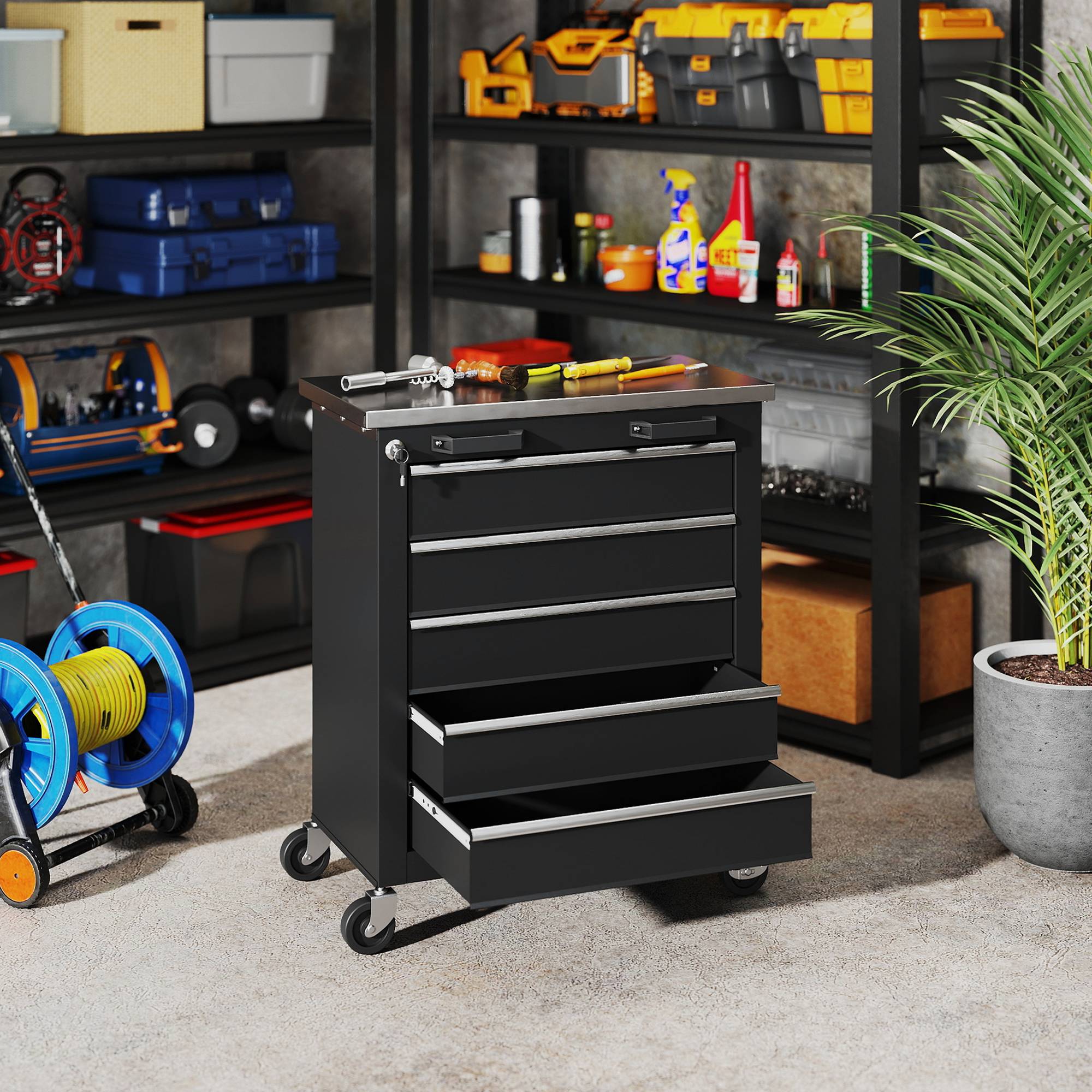 Sans Marque - Armoire à outils à 5 tiroirs, servante d'atelier à roulettes, chariot à outils en acier, coloris argenté et noir - Image 4