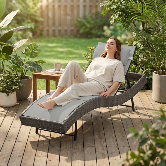 Chaise longue en résine tressé, bain de soleil avec dossier réglable - 198x61x44cm Gris Clair fr49 - Image 4