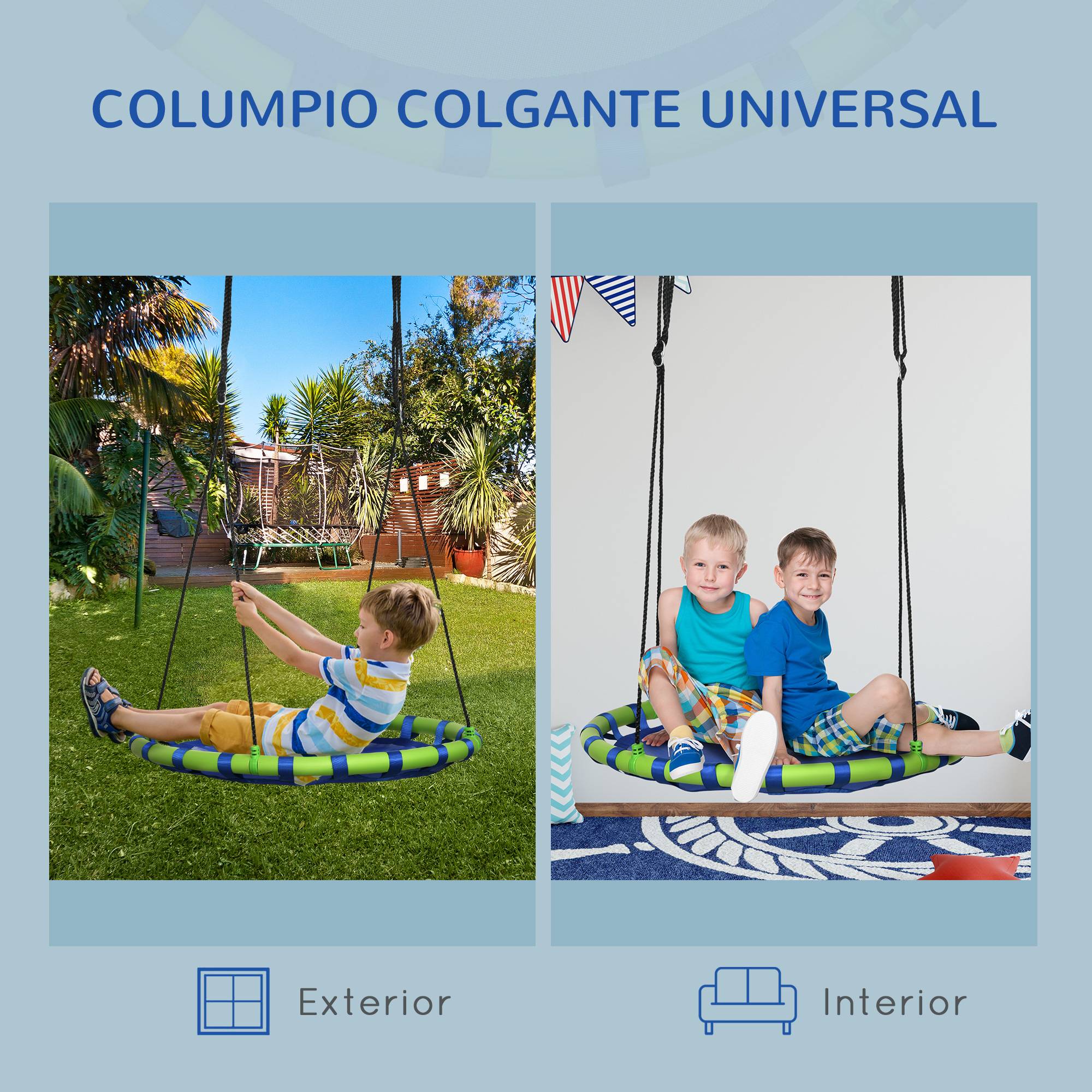 Balançoire nid enfant hauteur réglable, balançoire ronde pour arbre dès 3 ans, Ø100×120-180 cm, bleu et vert, usage intérieur extérieur - Image 5