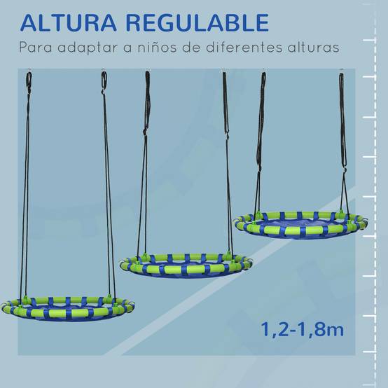 Balançoire nid enfant hauteur réglable, balançoire ronde pour arbre dès 3 ans, Ø100×120-180 cm, bleu et vert, usage intérieur extérieur - Image 4