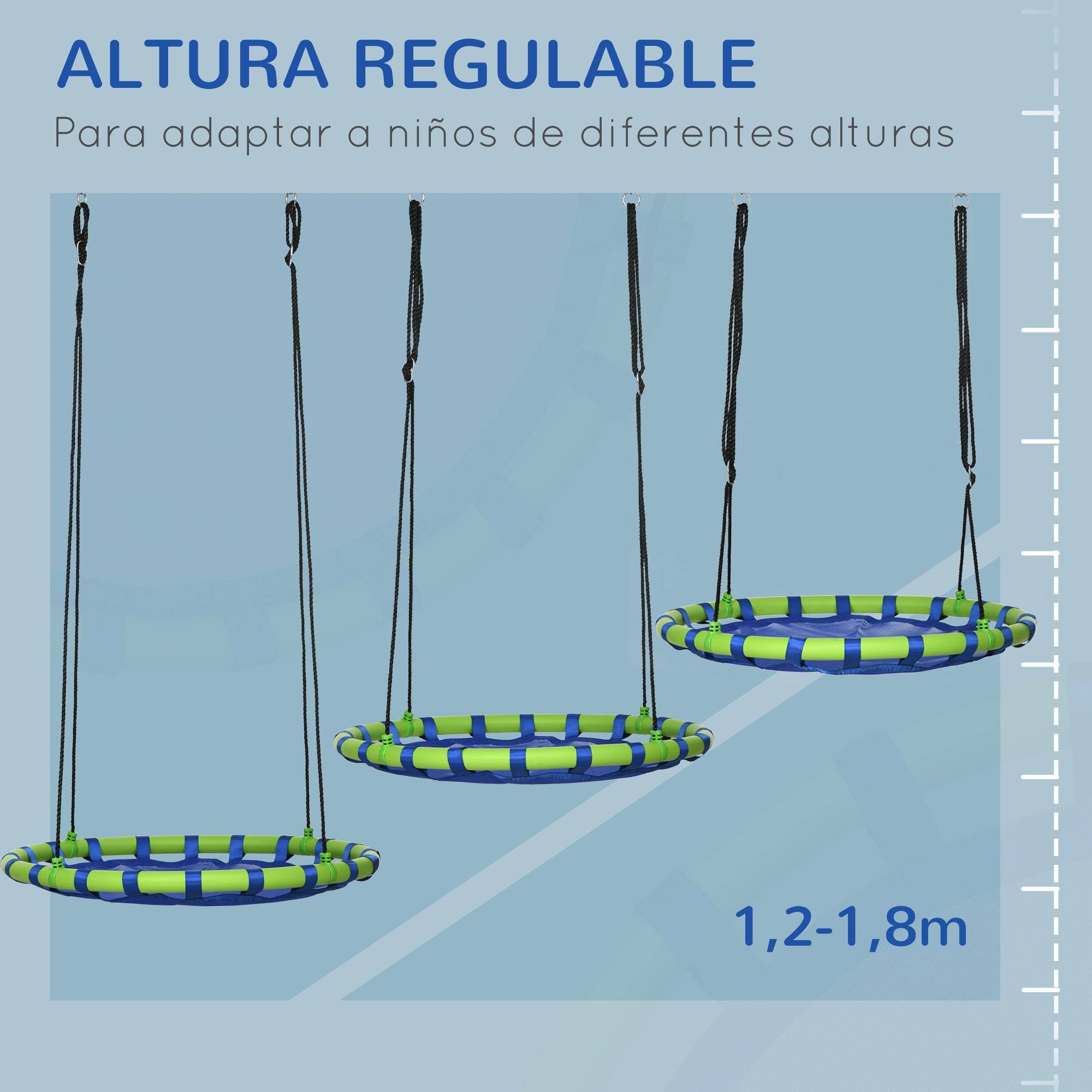 Balançoire nid enfant hauteur réglable, balançoire ronde pour arbre dès 3 ans, Ø100×120-180 cm, bleu et vert, usage intérieur extérieur - Image 4