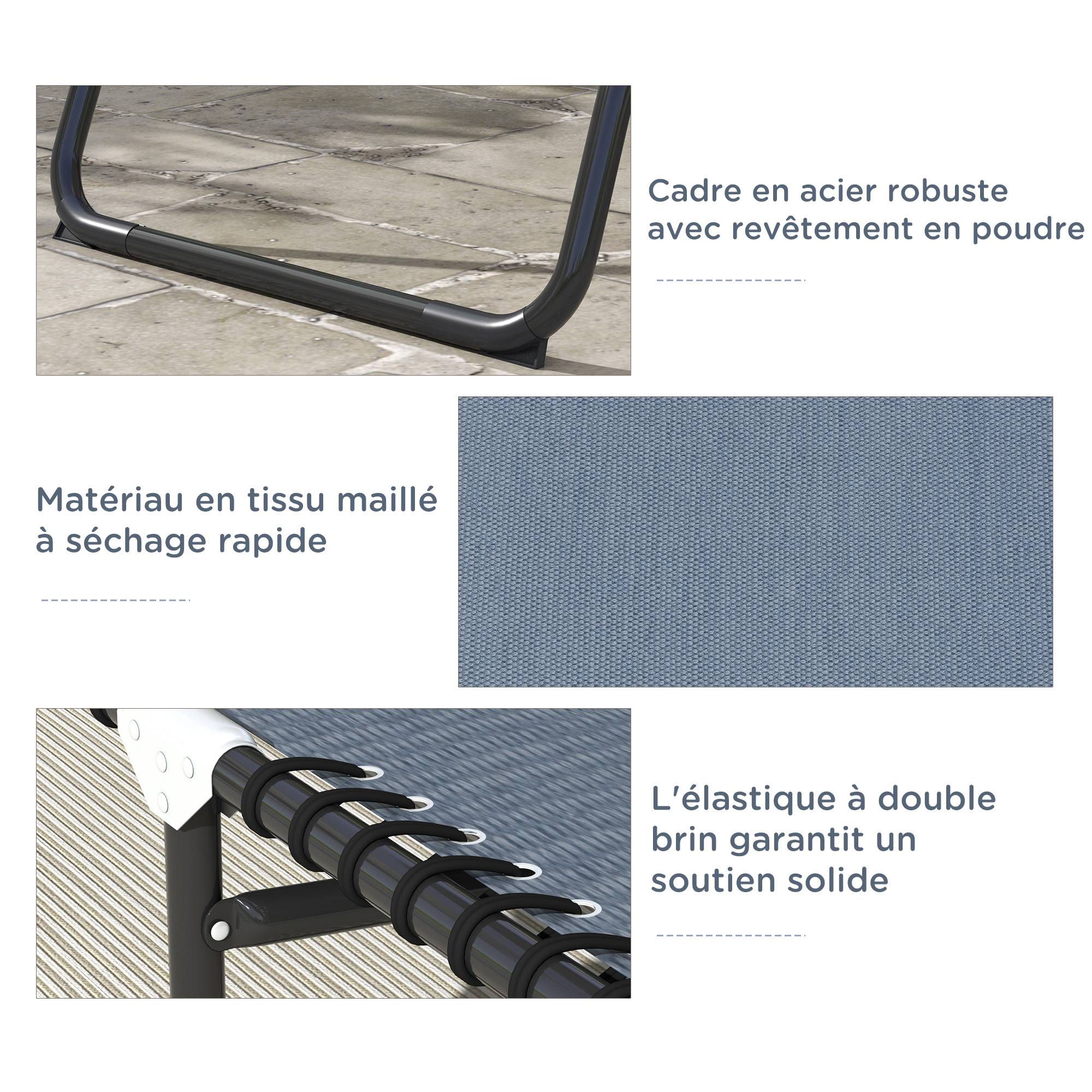 Bain de Soleil transat Pliable Dossier inclinable Multi-Positions Acier thermoplastique Lacets élastiques Noir - Image 7