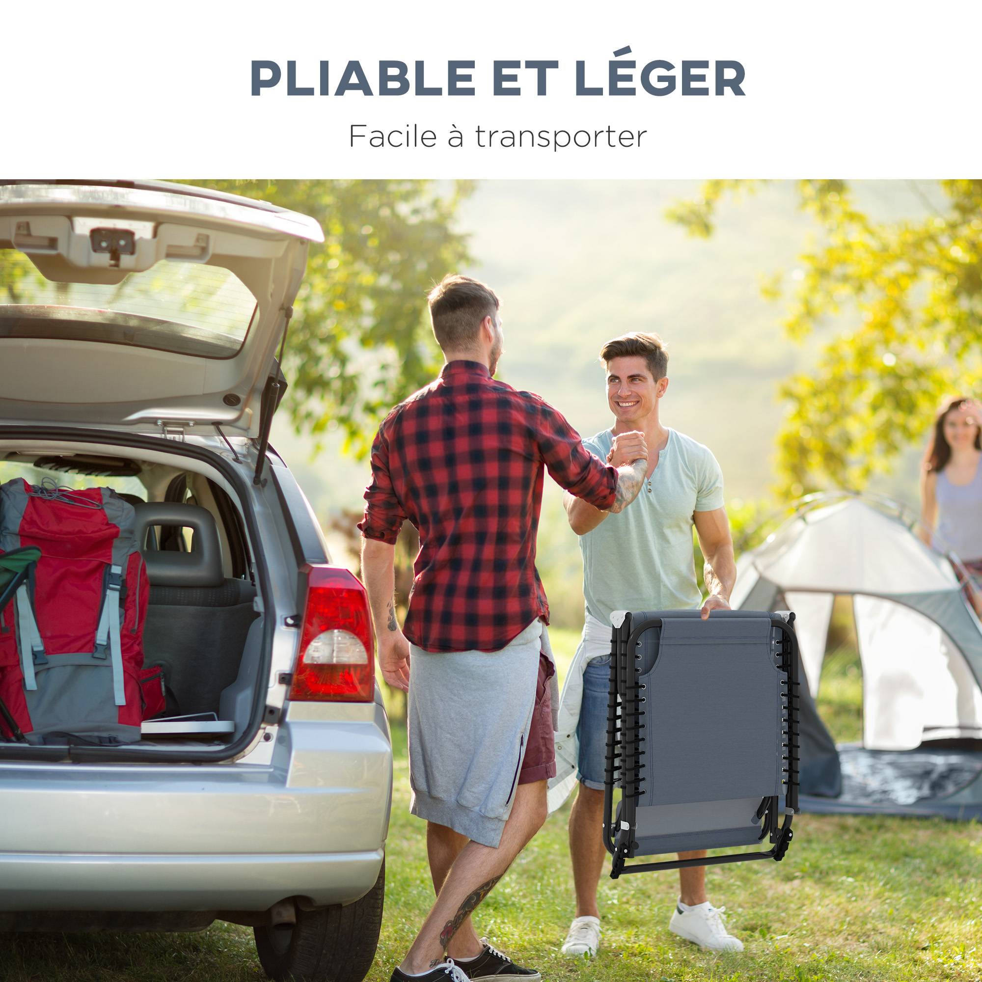 Bain de Soleil transat Pliable Dossier inclinable Multi-Positions Acier thermoplastique Lacets élastiques Noir - Image 8