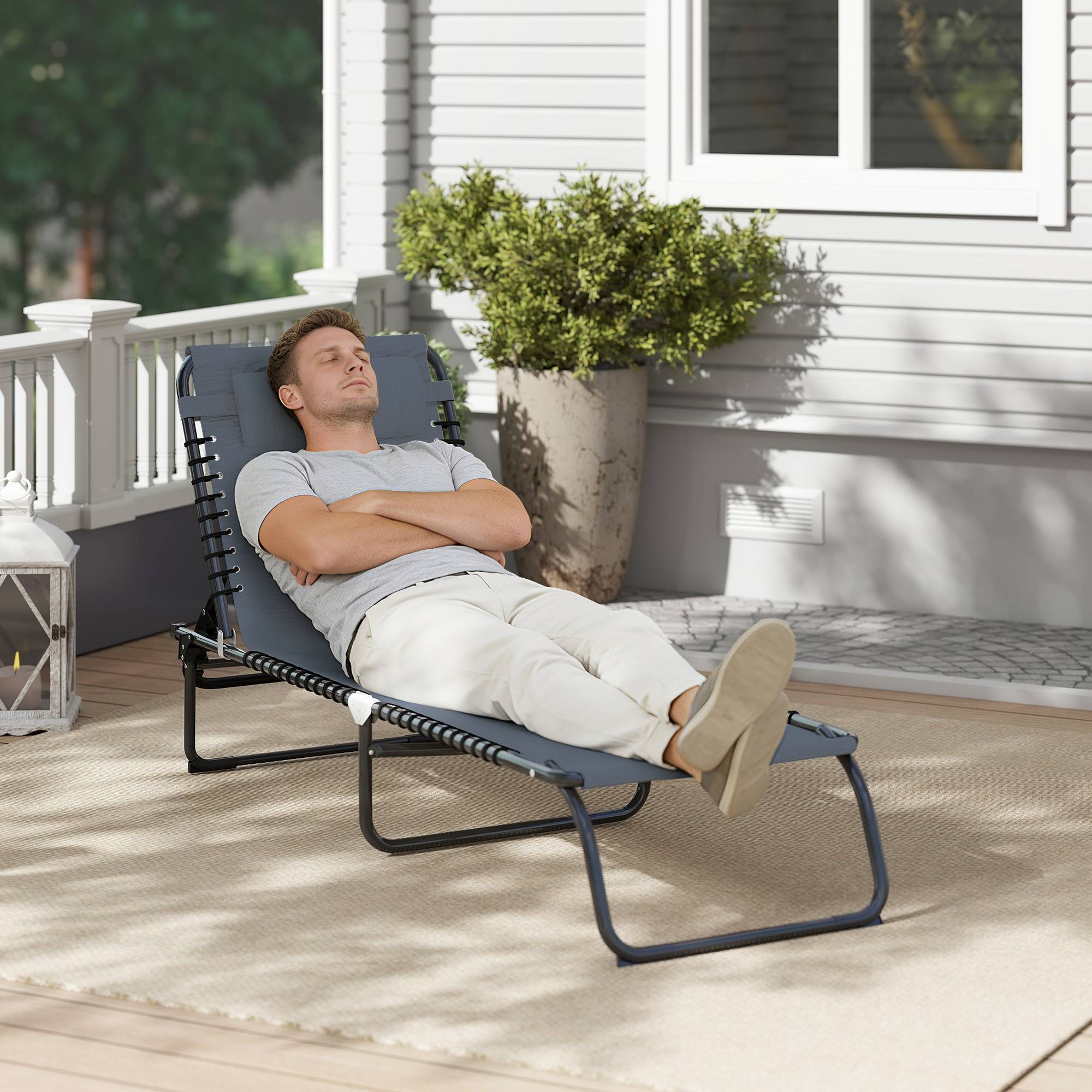 Bain de Soleil transat Pliable Dossier inclinable Multi-Positions Acier thermoplastique Lacets élastiques Noir - Image 10
