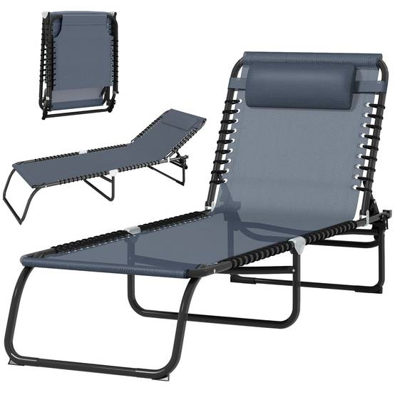 Bain de Soleil transat Pliable Dossier inclinable Multi-Positions Acier thermoplastique Lacets élastiques Noir - Image 1