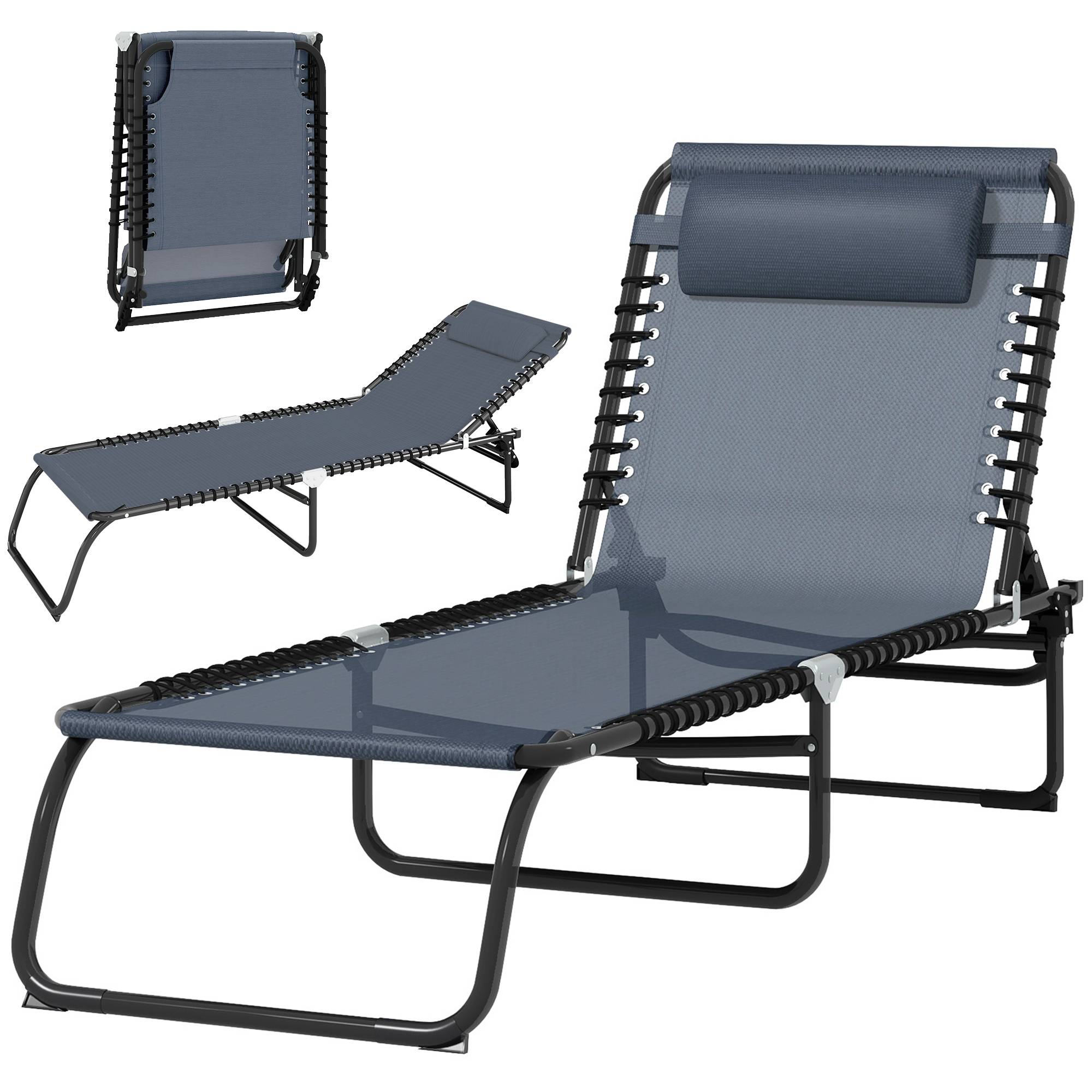 Bain de Soleil transat Pliable Dossier inclinable Multi-Positions Acier thermoplastique Lacets élastiques Noir - Image 1