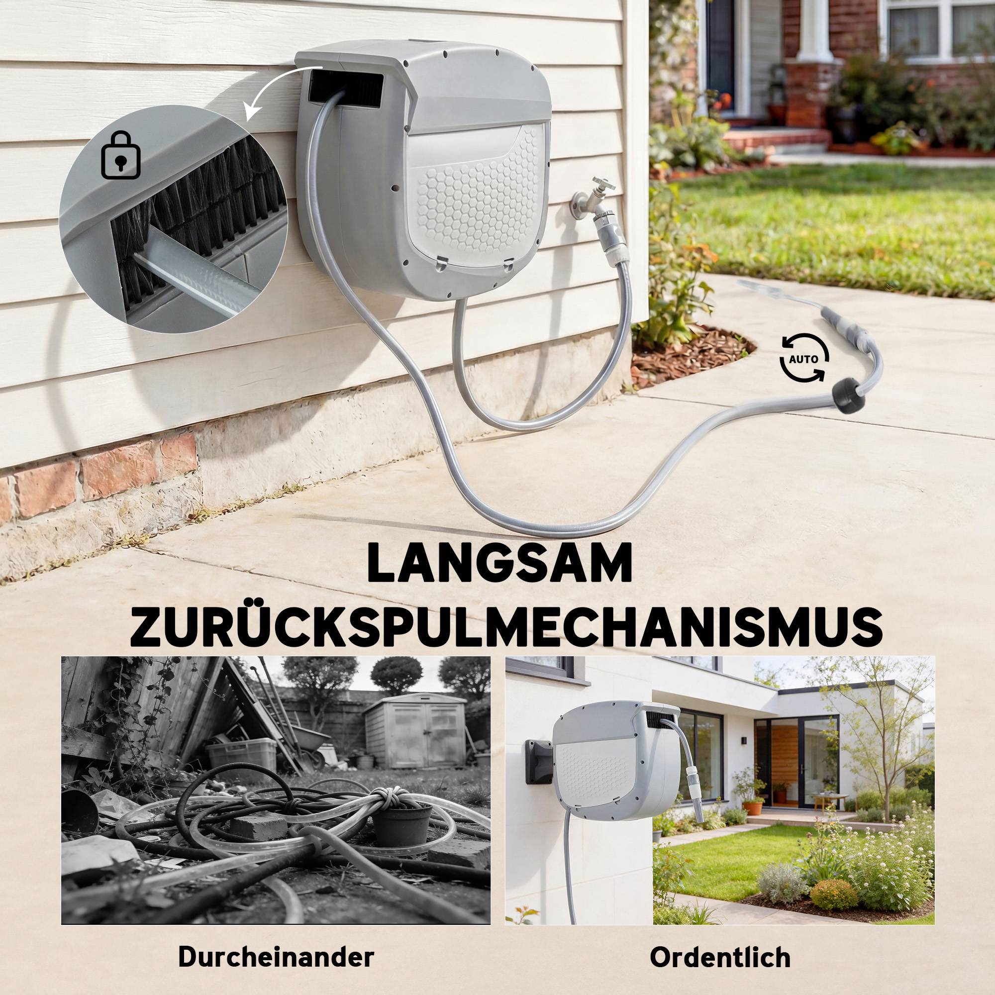 ComfortXL - Dévidoir mural avec tuyau 20 m plastique gris pivotant 180° enroulement automatique arrosage extérieur - Image 5
