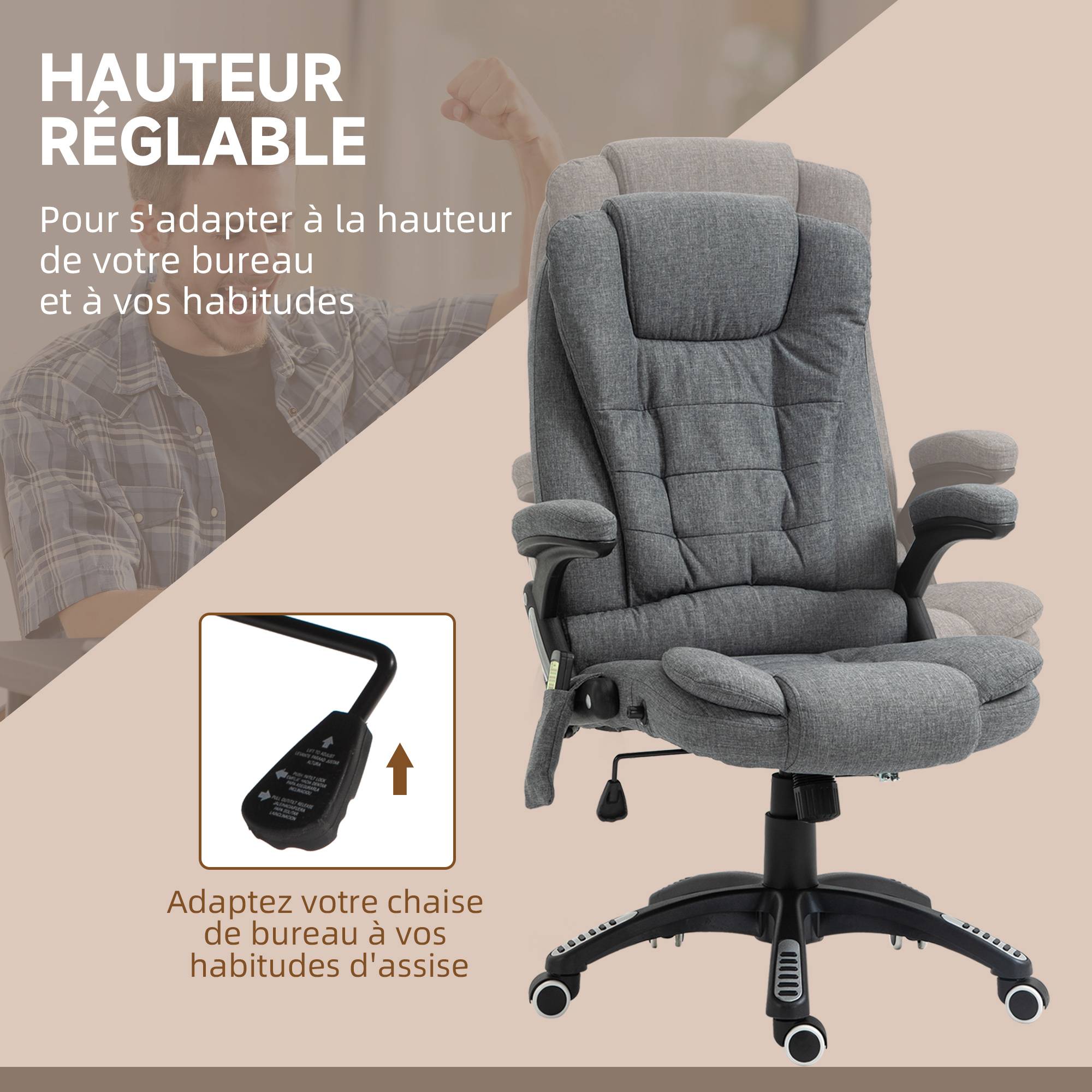 Sans Marque - Fauteuil bureau massant/chauffant, ergonomique, hauteur régl., dossier inclin., télécommande filaire, pivot 360°, tissu polyester gris chiné. - Image 7