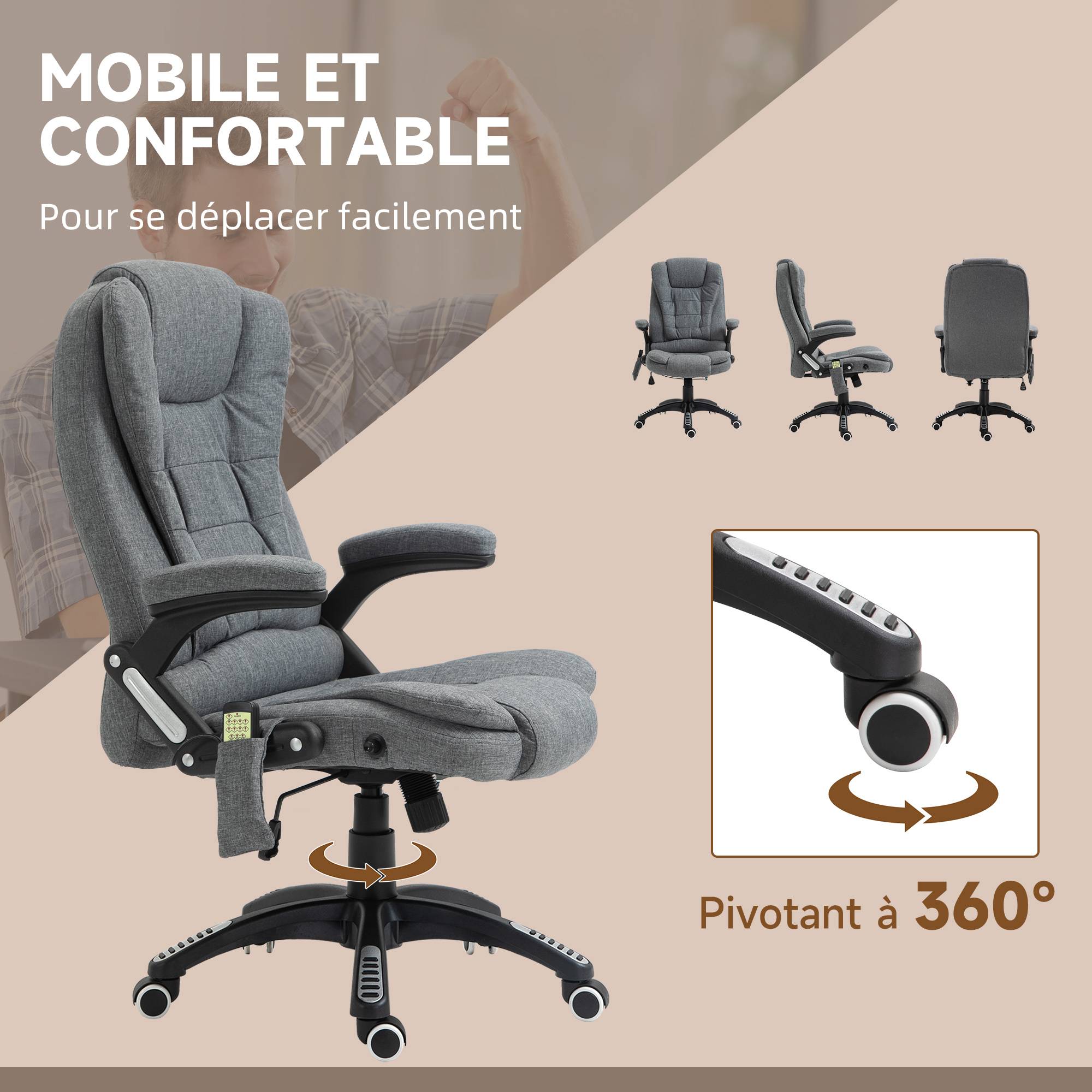 Sans Marque - Fauteuil bureau massant/chauffant, ergonomique, hauteur régl., dossier inclin., télécommande filaire, pivot 360°, tissu polyester gris chiné. - Image 10