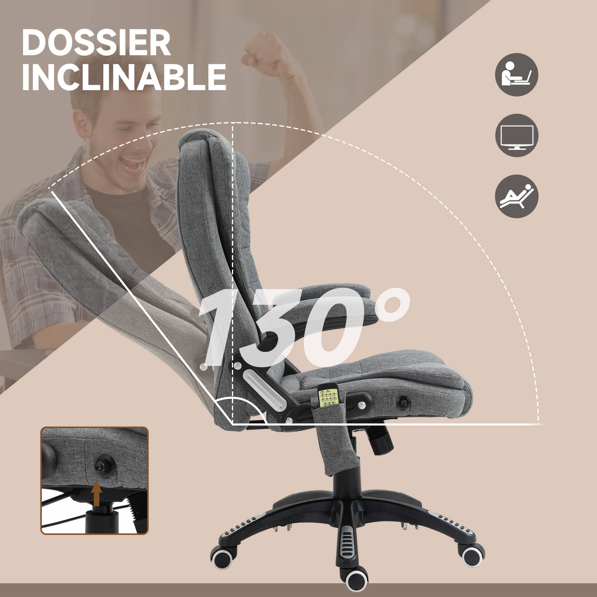 Sans Marque - Fauteuil bureau massant/chauffant, ergonomique, hauteur régl., dossier inclin., télécommande filaire, pivot 360°, tissu polyester gris chiné. - Image 9