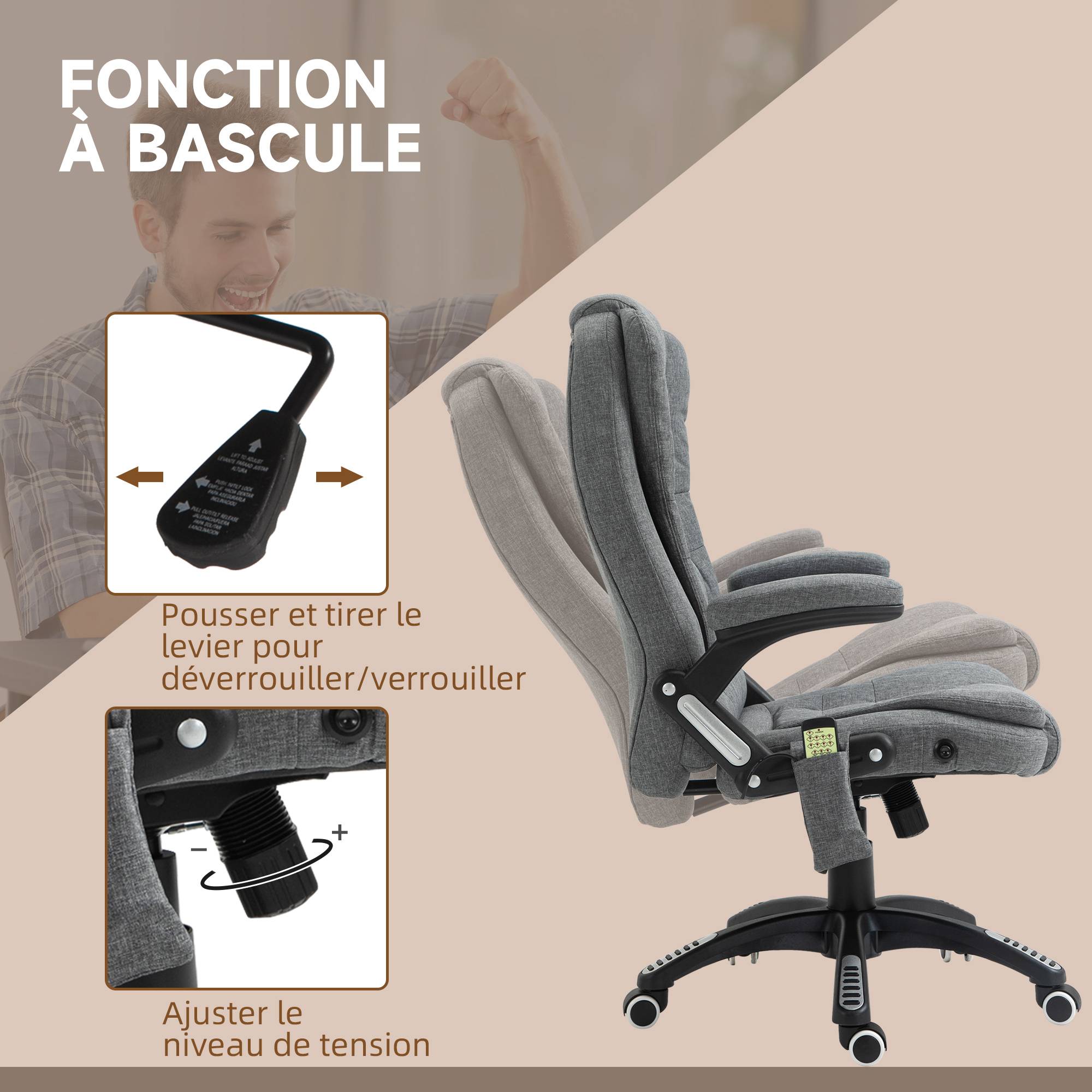 Sans Marque - Fauteuil bureau massant/chauffant, ergonomique, hauteur régl., dossier inclin., télécommande filaire, pivot 360°, tissu polyester gris chiné. - Image 8