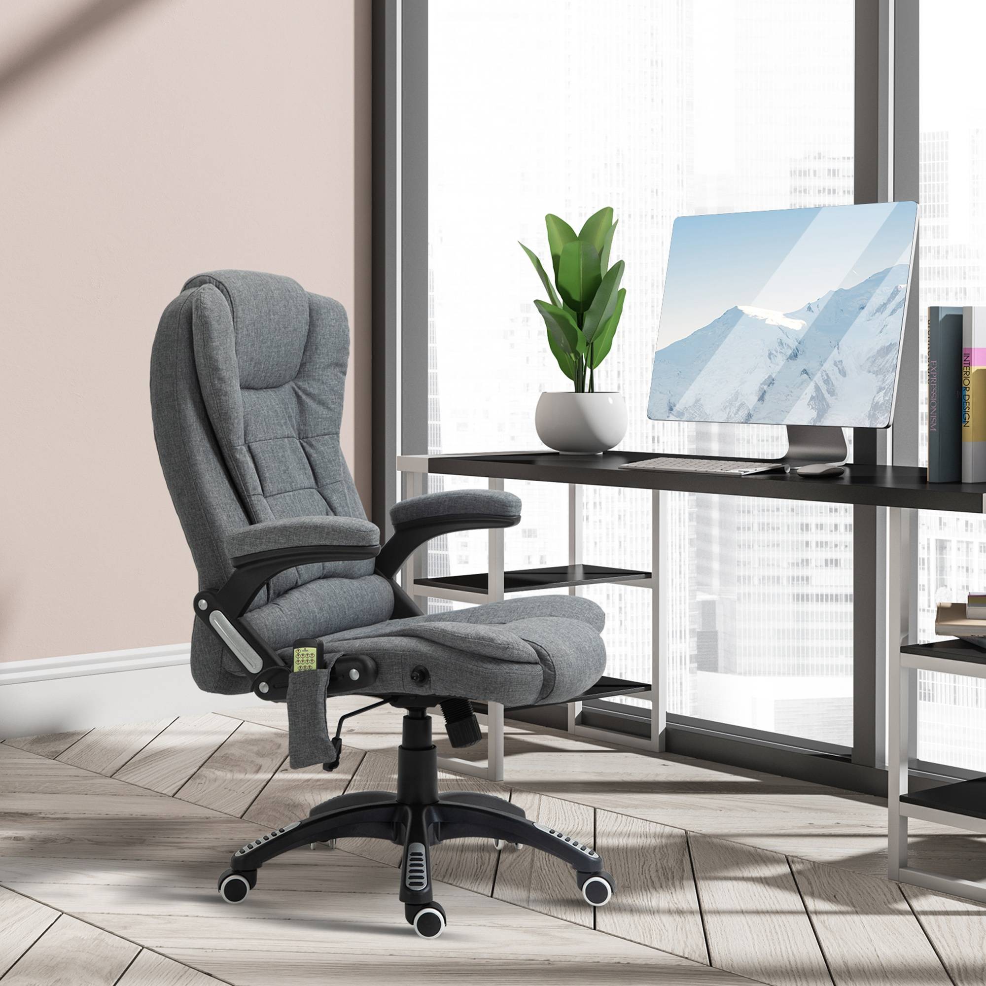 Sans Marque - Fauteuil bureau massant/chauffant, ergonomique, hauteur régl., dossier inclin., télécommande filaire, pivot 360°, tissu polyester gris chiné. - Image 4