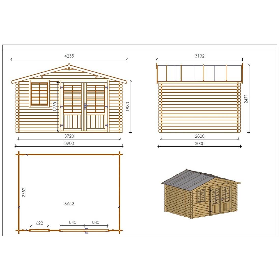Altanka - Abri de jardin en bois - 11.7m2 - 3.9x3m - Ep. 34mm - Couleur: naturel - DOM561 - ALTANKA - Image 3