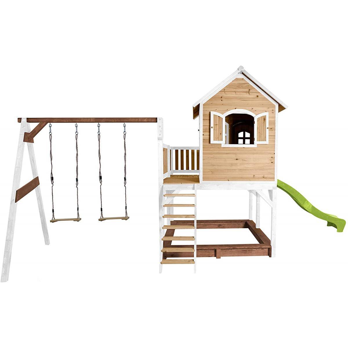 Maisonnette Axi LIAM en Bois Brun et Blanc avec Balançoires, Toboggan Vert Citron et Bac à Sable - Image 4