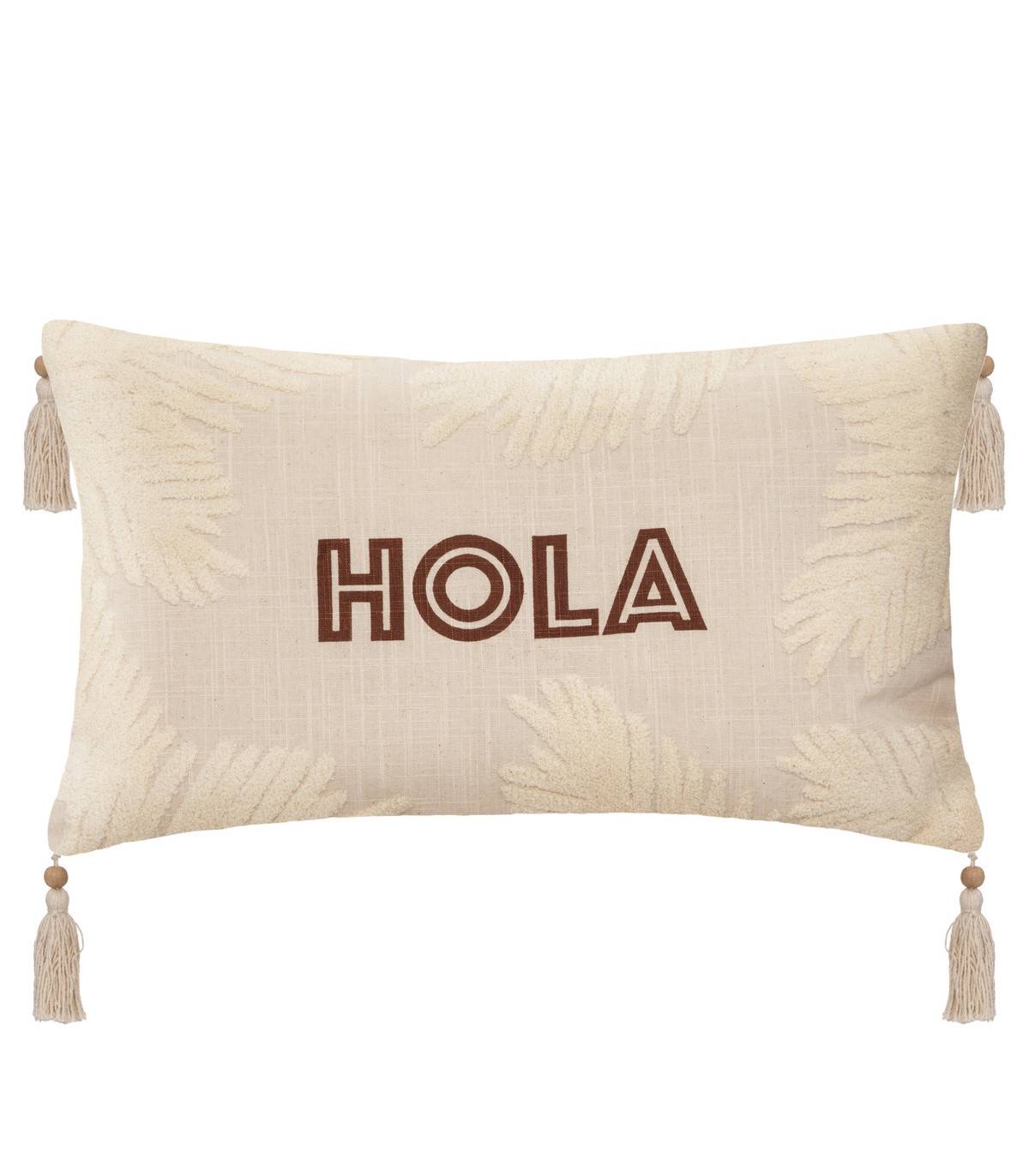 Coussin décoratif en coton Ivoire motifs brodés avec pompons 38 x 58 cm - Image 1