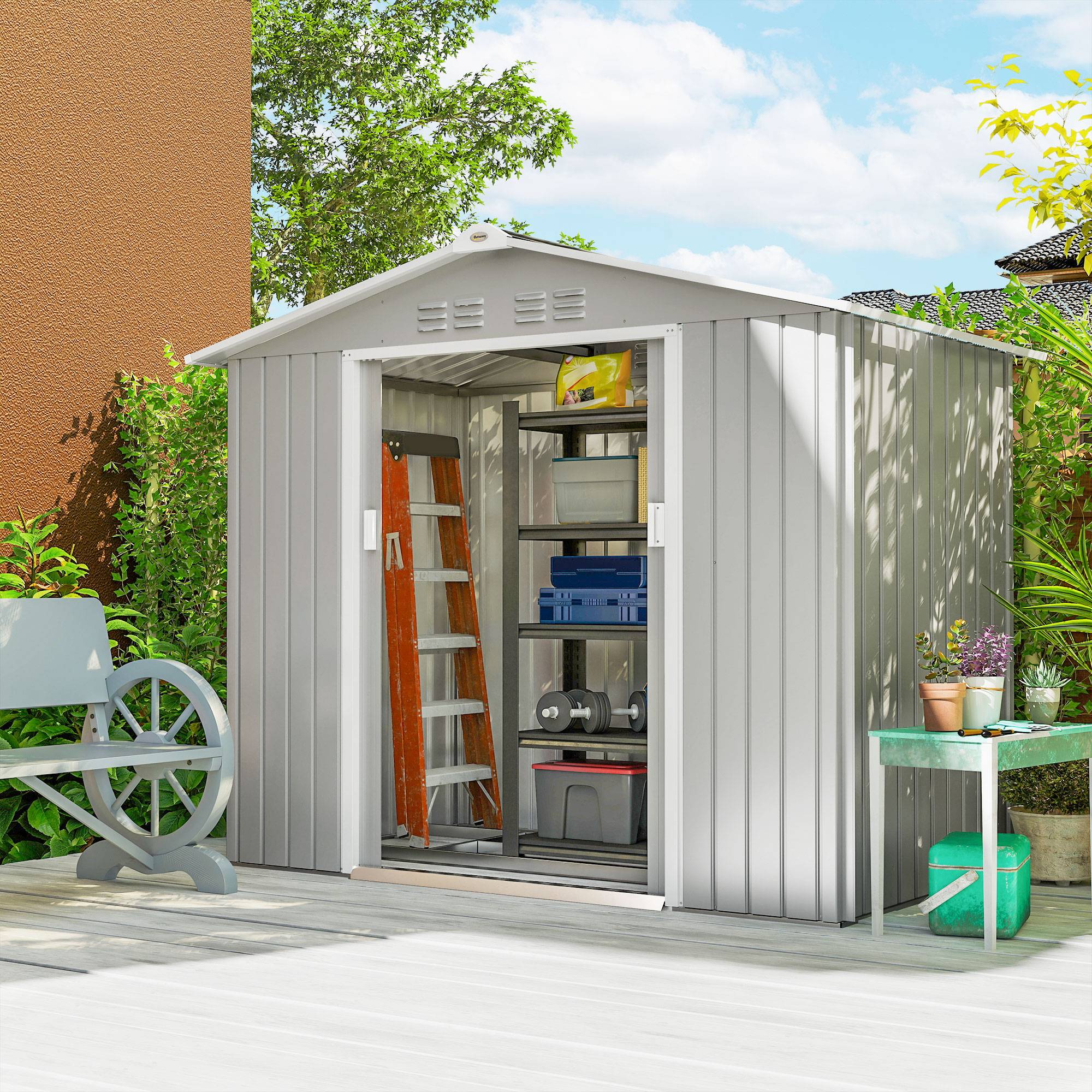 Abri de jardin 213x130x185 cm portes coulissantes et verrière outils gris argent - Image 3