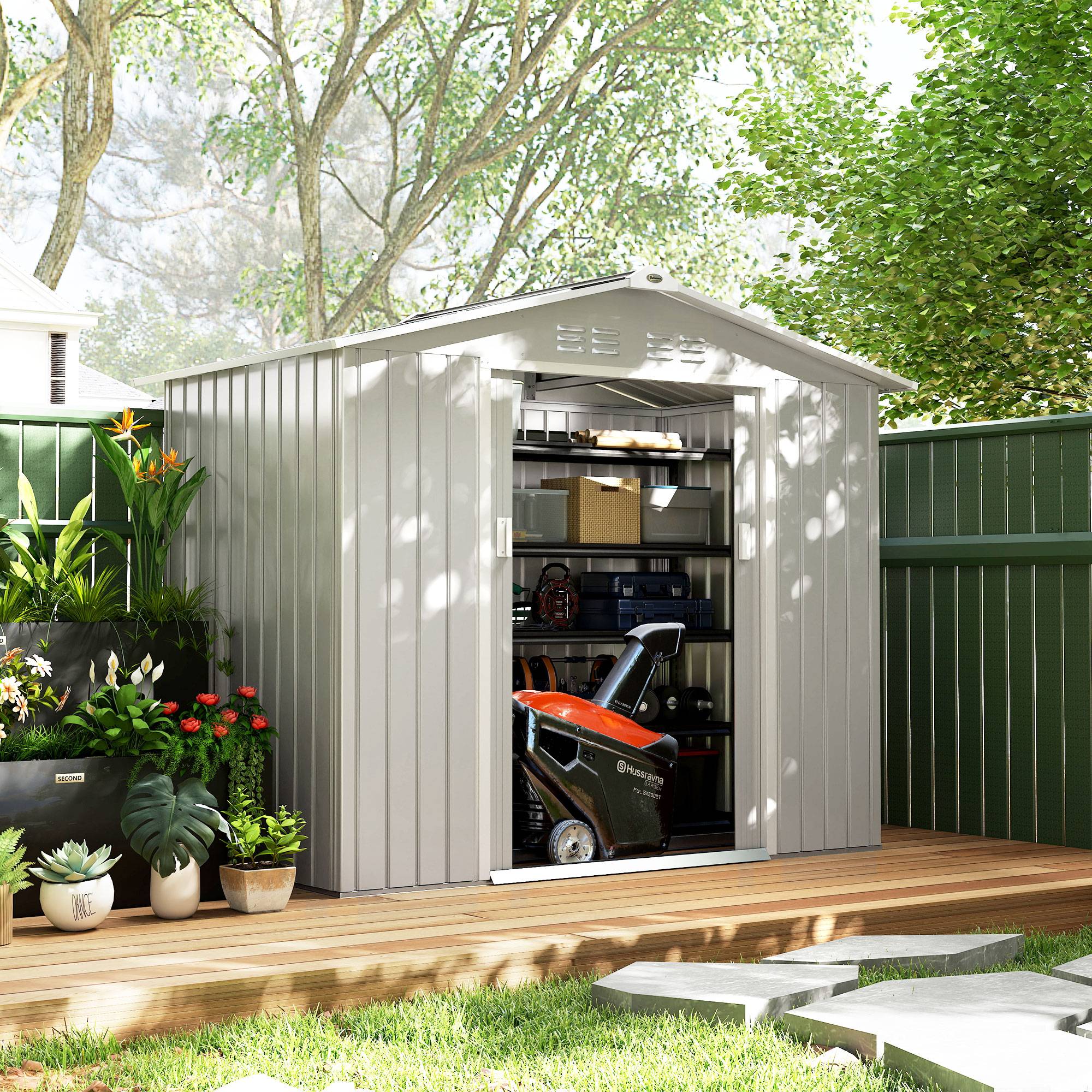 Abri de jardin 213x130x185 cm portes coulissantes et verrière outils gris argent - Image 4