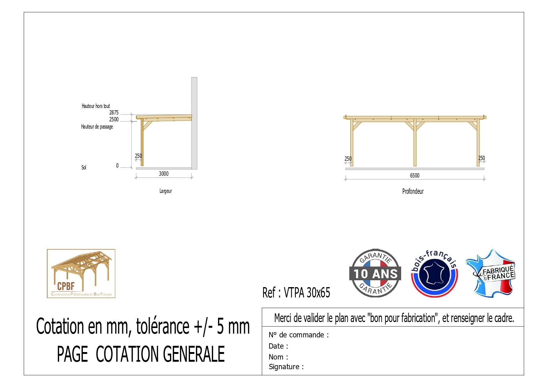Cpbf Charpentes - Carport adossé toit plat 300cmx650cm, bois DOUGLAS Français (Charpente en bois-auvent-abri voiture) 20 m². Garantie 10 ans - Image 2