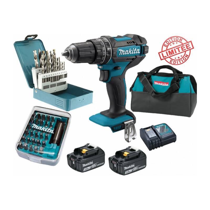 Makita - Pack Perceuse visseuse percussion Makita 18V 62Nm DHP482 + 2 batt 3 Ah + 30 embouts de vissage + 18 forets + sac