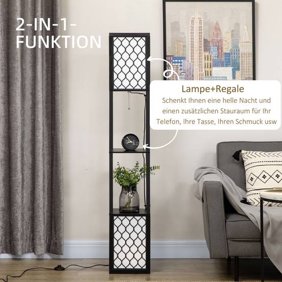 Lampadaire au design moderne, 2 étagères, interrupteur à chaînette, 26 cm x 26 cm x 156 cm, noir et blanc - Image 6