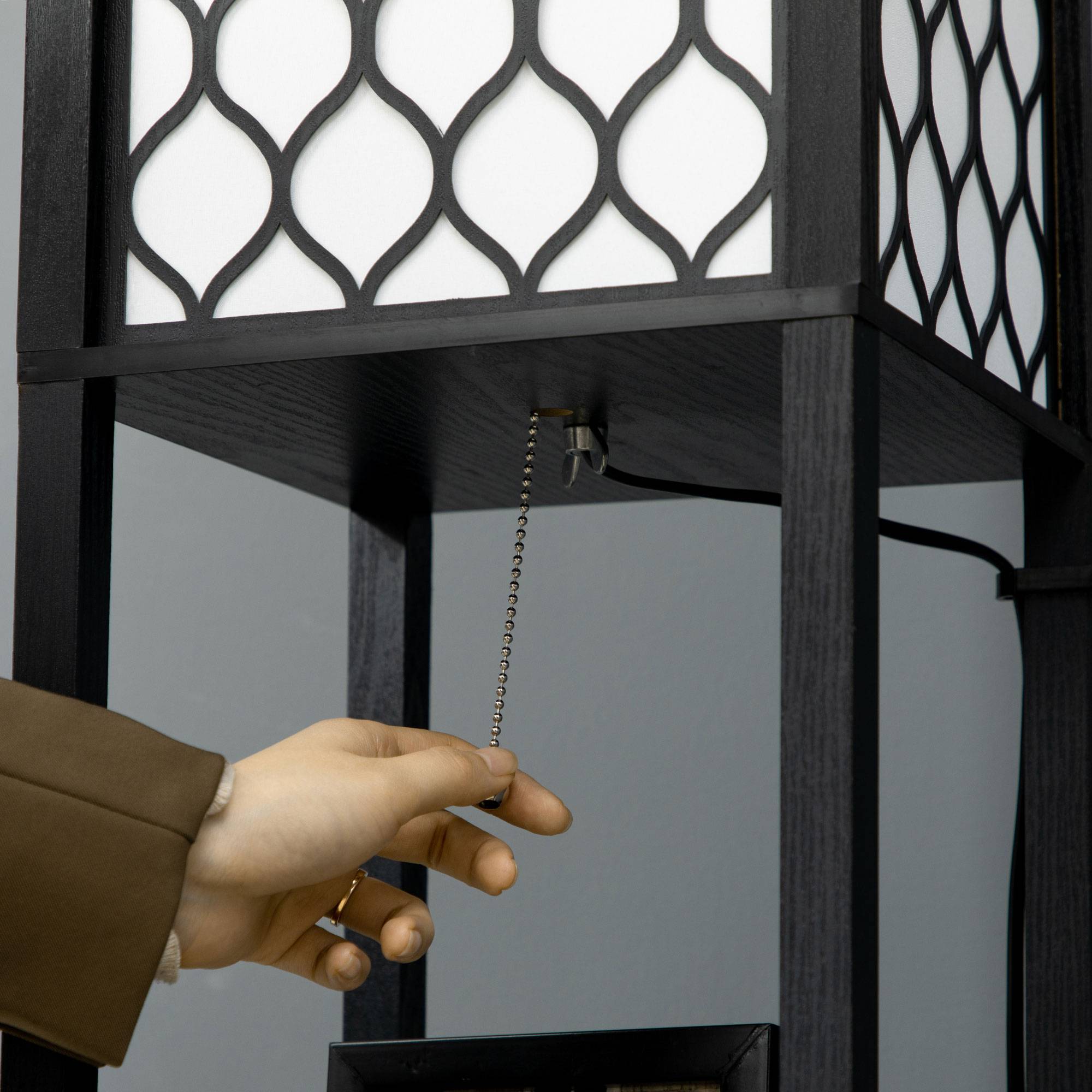 Lampadaire au design moderne, 2 étagères, interrupteur à chaînette, 26 cm x 26 cm x 156 cm, noir et blanc - Image 10