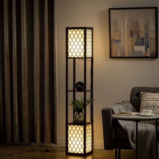 Lampadaire au design moderne, 2 étagères, interrupteur à chaînette, 26 cm x 26 cm x 156 cm, noir et blanc - Image 3