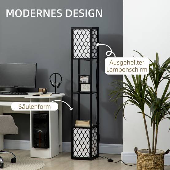 Lampadaire au design moderne, 2 étagères, interrupteur à chaînette, 26 cm x 26 cm x 156 cm, noir et blanc - Image 7