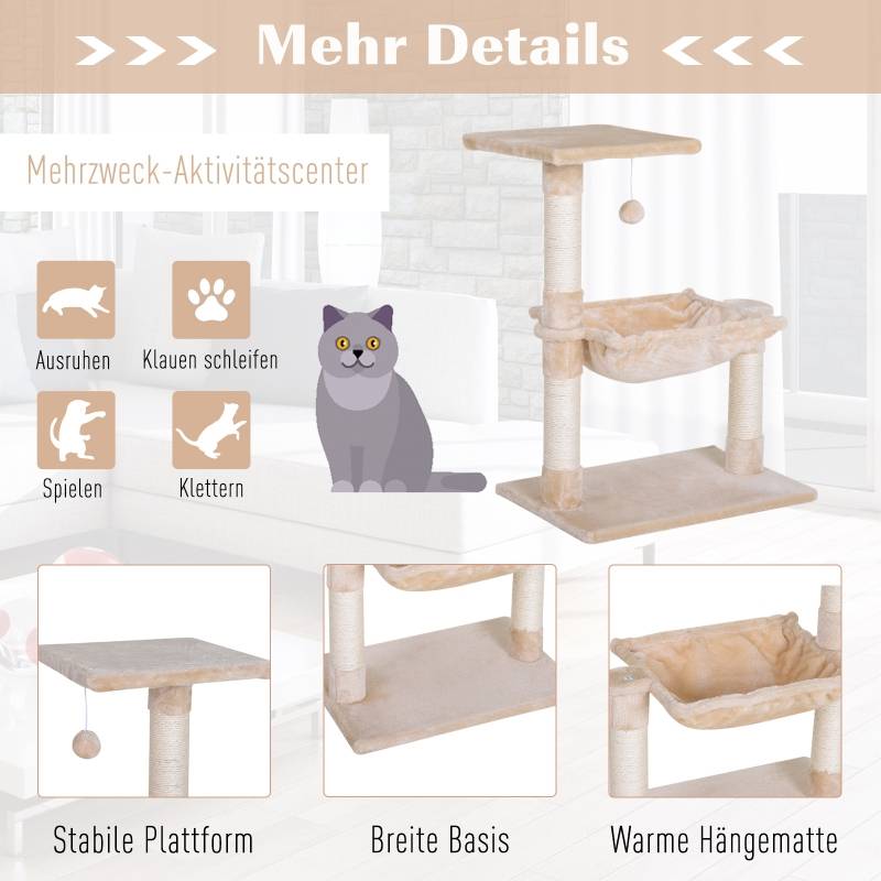 Arbre à chat avec griffoirs sisal et hamac 50 x 36 x 70 cm panneau de particules et peluche beige - PANGIVO - Image 6