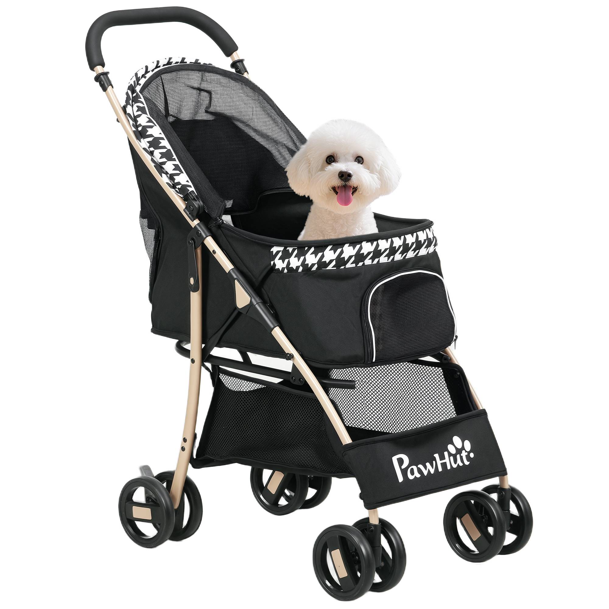 Poussette pour animaux de compagnie à 2 portes, fenêtre en filet, panier de rangement, corde de sécurité, 80 x 44,5 x 97 cm, noire