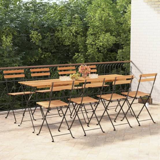 Chaises de bistrot pliantes en bois de teck et acier poudré pour terrasse extérieure Lot de 8 Brun – ComfortXL Outdoor Living - Image 1