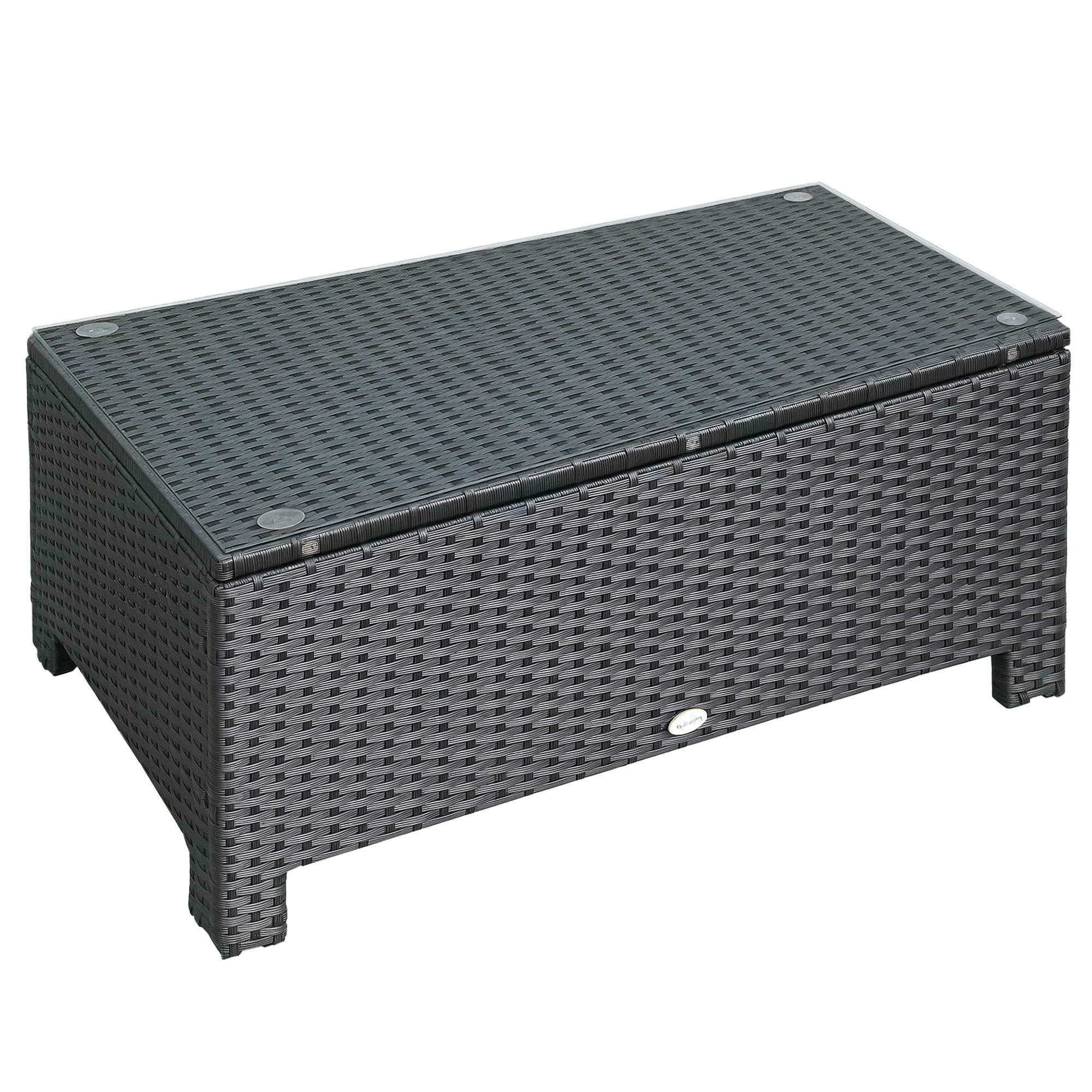 Sans Marque - Table Basse de Jardin Plateau Verre trempé 5 mm rotin tressé 85 x 50 x 39cm Max. 50 kg Noir - Image 1
