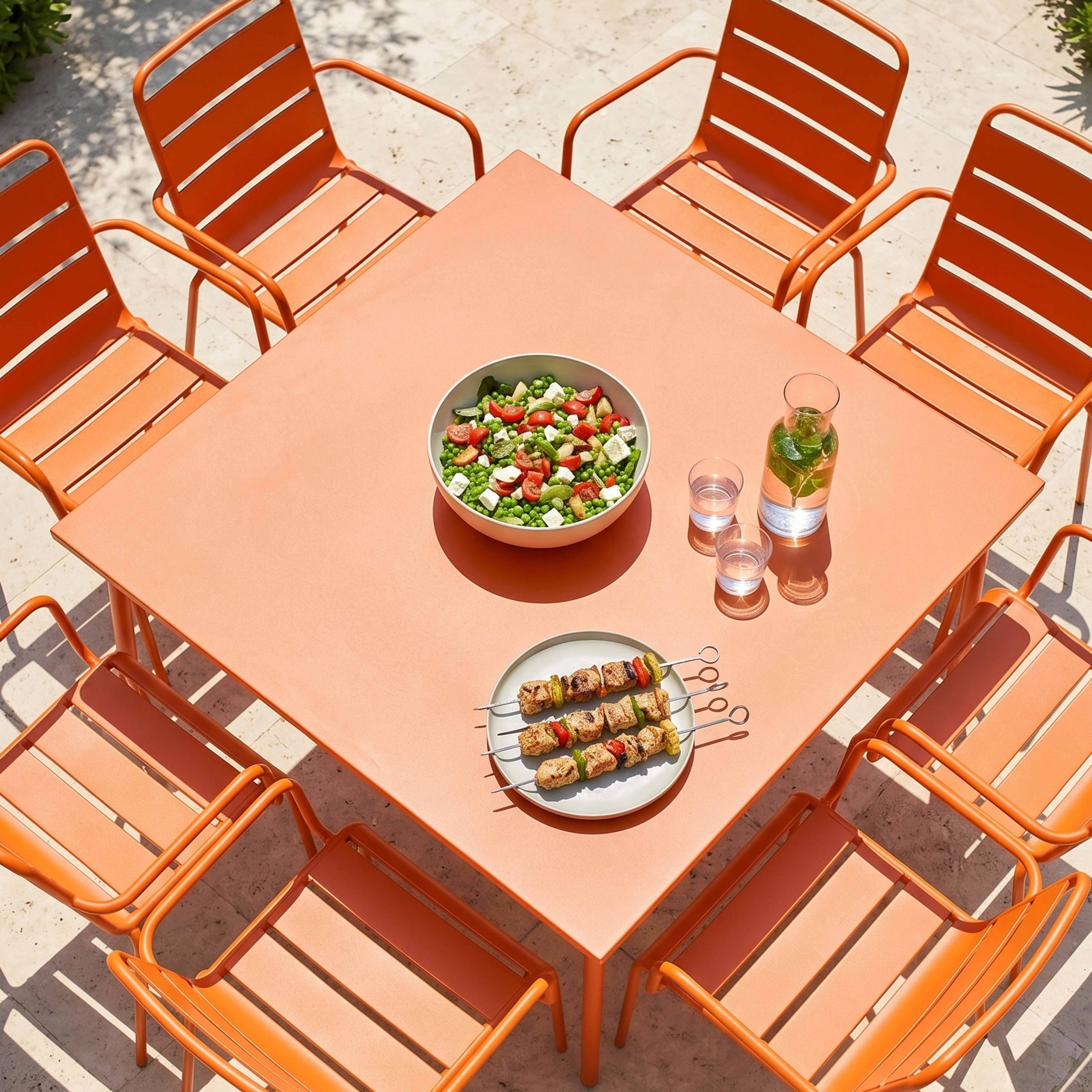 Oviala - Ensemble table de jardin carrée et 8 fauteuils en métal orange Palavas - Oviala - Image 3