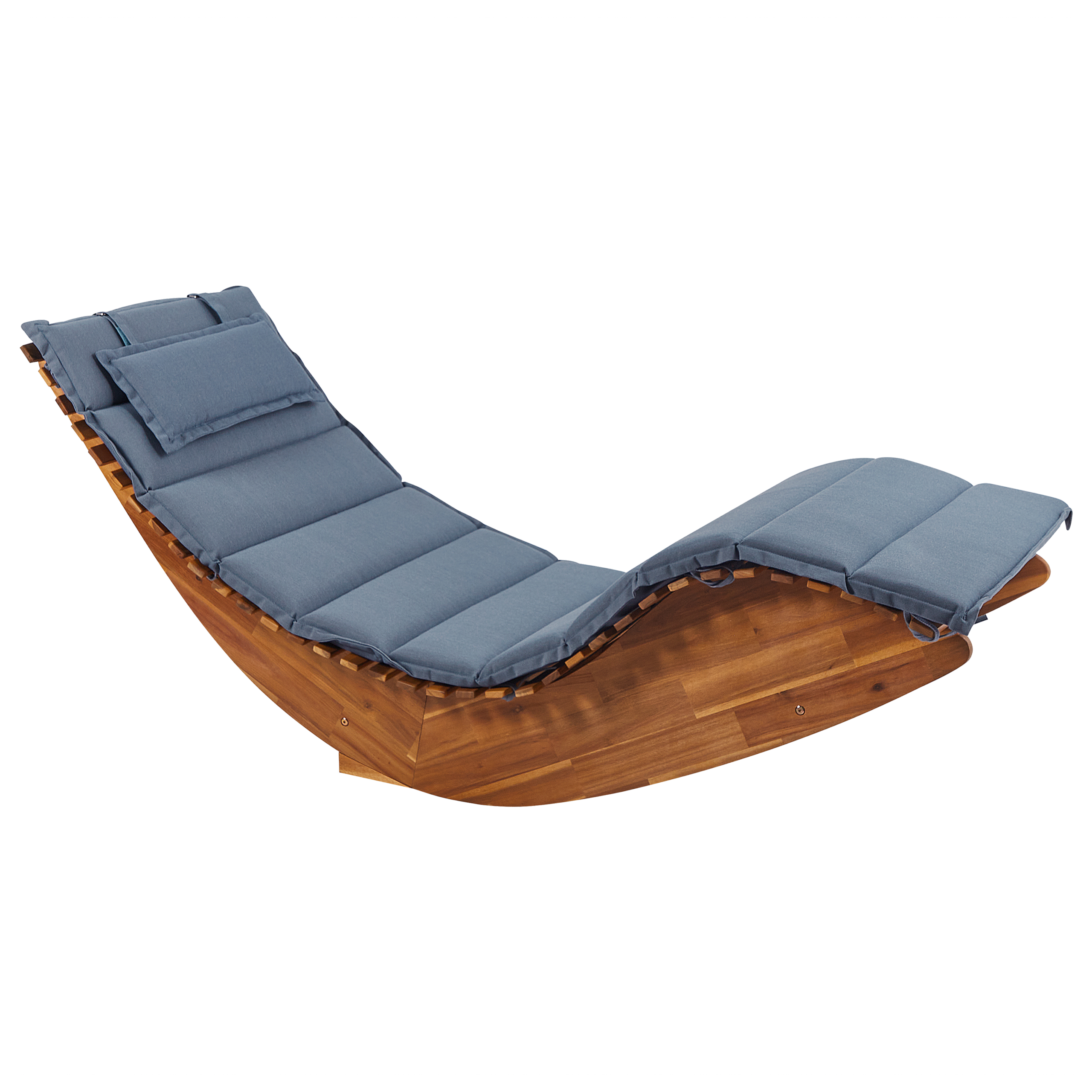 Beliani - Chaise Longue Extérieur à Bascule en Bois d'Acacia Clair Design à Lattes avec Coussin Bleu - Image 1