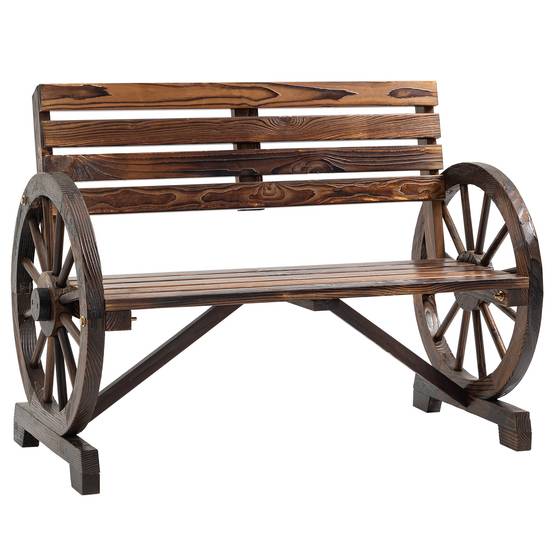 Banc de jardin, motif roue de chariot, pour 2 personnes, bois naturel, marron foncé, 105,5 x 56 x 79 cm - Image 2
