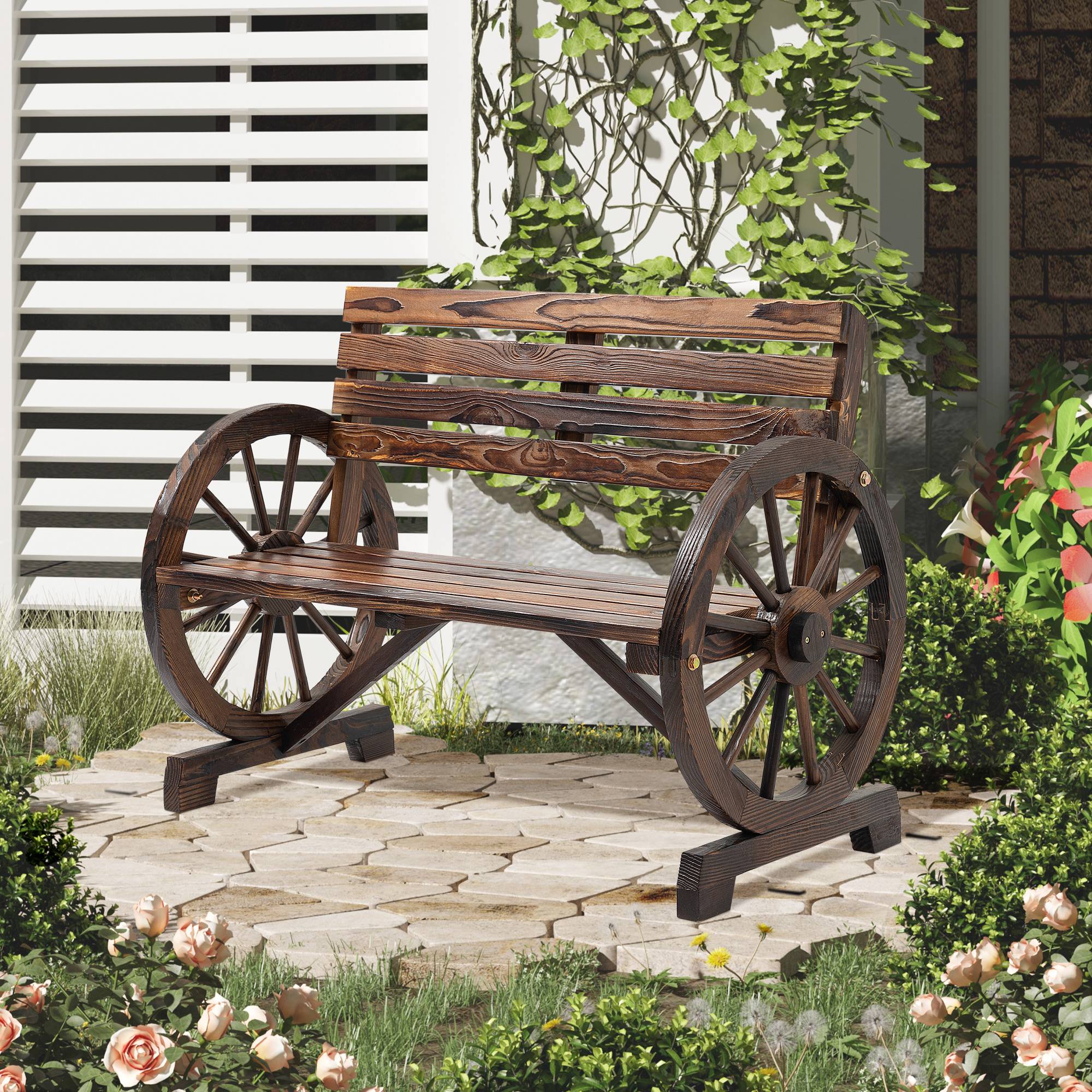 Banc de jardin, motif roue de chariot, pour 2 personnes, bois naturel, marron foncé, 105,5 x 56 x 79 cm - Image 3