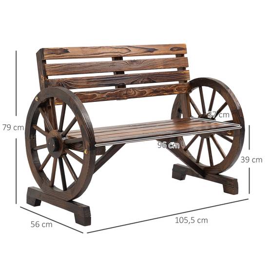 Banc de jardin, motif roue de chariot, pour 2 personnes, bois naturel, marron foncé, 105,5 x 56 x 79 cm - Image 5