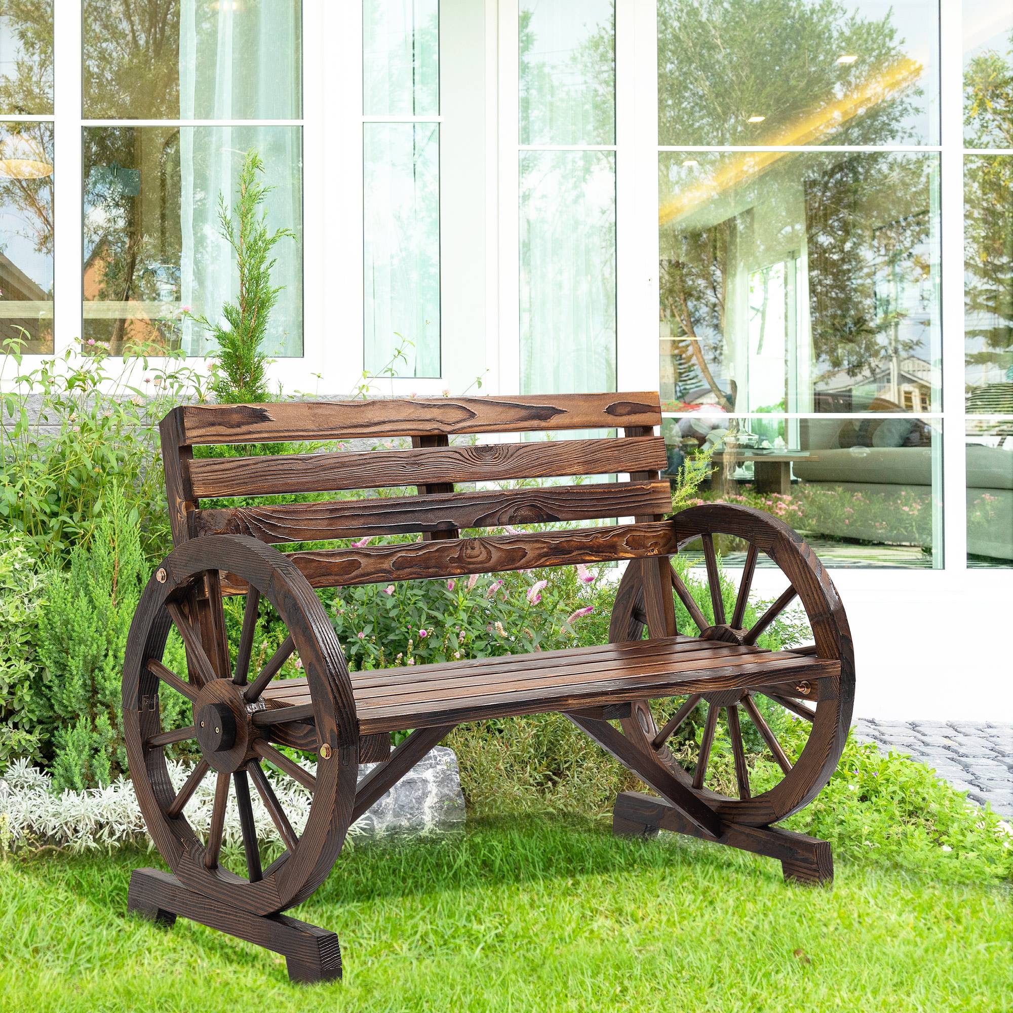 Banc de jardin, motif roue de chariot, pour 2 personnes, bois naturel, marron foncé, 105,5 x 56 x 79 cm - Image 4