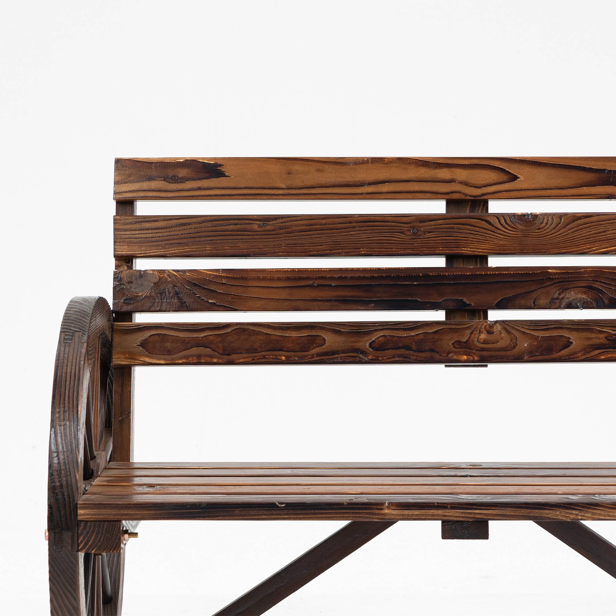 Banc de jardin, motif roue de chariot, pour 2 personnes, bois naturel, marron foncé, 105,5 x 56 x 79 cm - Image 10
