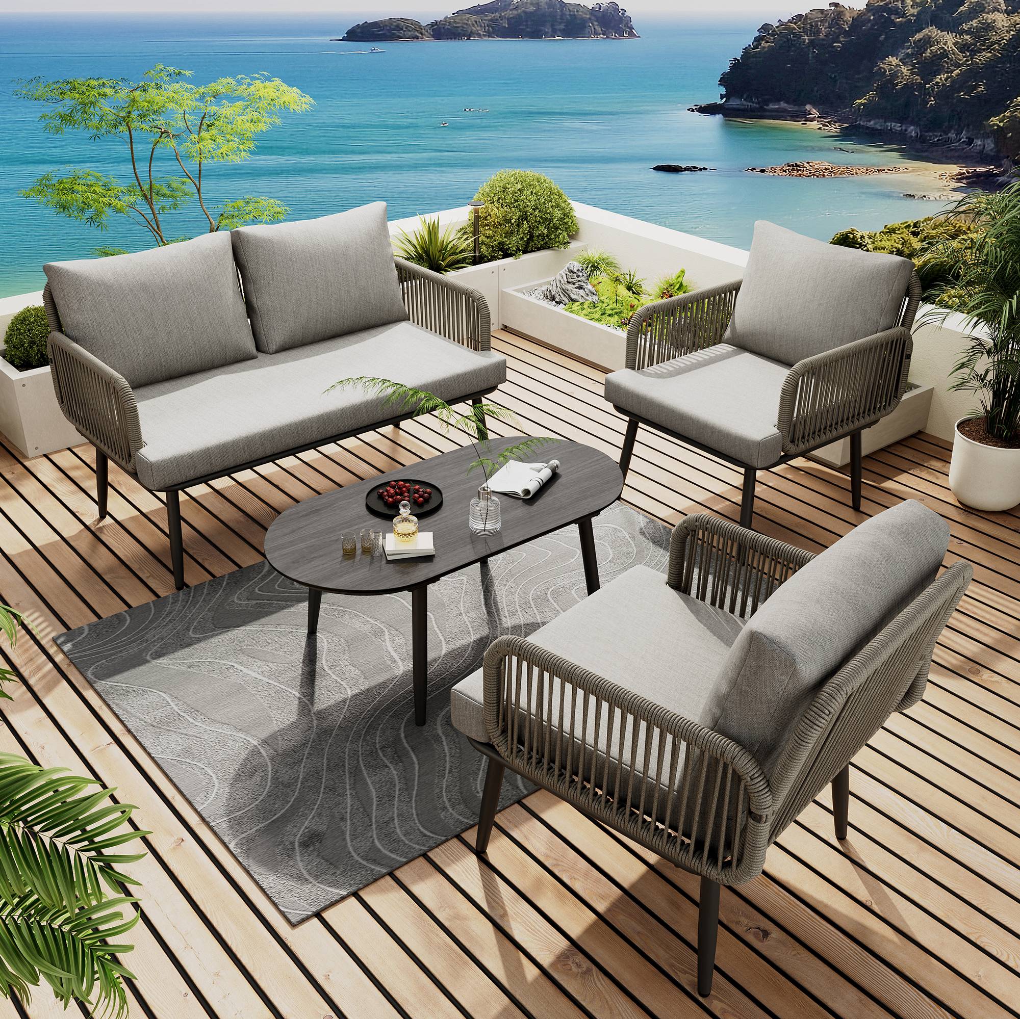 Set de mobilier de jardin 2 places avec canapé, 2 fauteuils et table Acier Gris - PANGIVO - Image 2